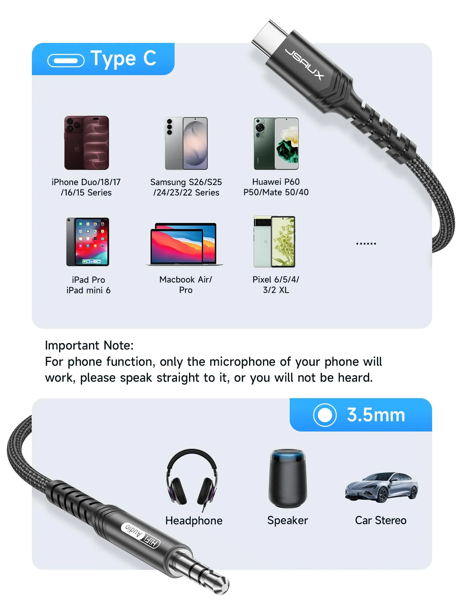 JSAUX Cavo AUX da USB C a jack 3 m, USB C a jack da 3,5 mm, adattatore in nylon intrecciato, compatibile con iPhone 15 Pro Max/15 Plus, Galaxy S23/S22/S21 Ultra, Huawei P40, nero - immagine 5