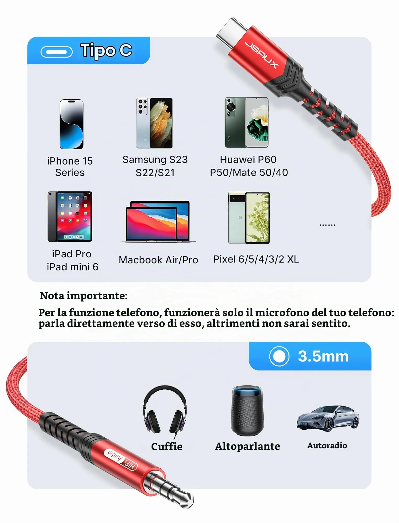 JSAUX Cavo da USB C a 3,5mm jack 0,5m, Adattatore USB C a 3,5 mm Audio Aux Cavo Cuffia Stereo Auto Compatibile con iPhone 15 Pro Max/15 Pro/15 Plus/15, Samsung Galaxy S24 S23 S22 Ultra-rosso - immagine 6