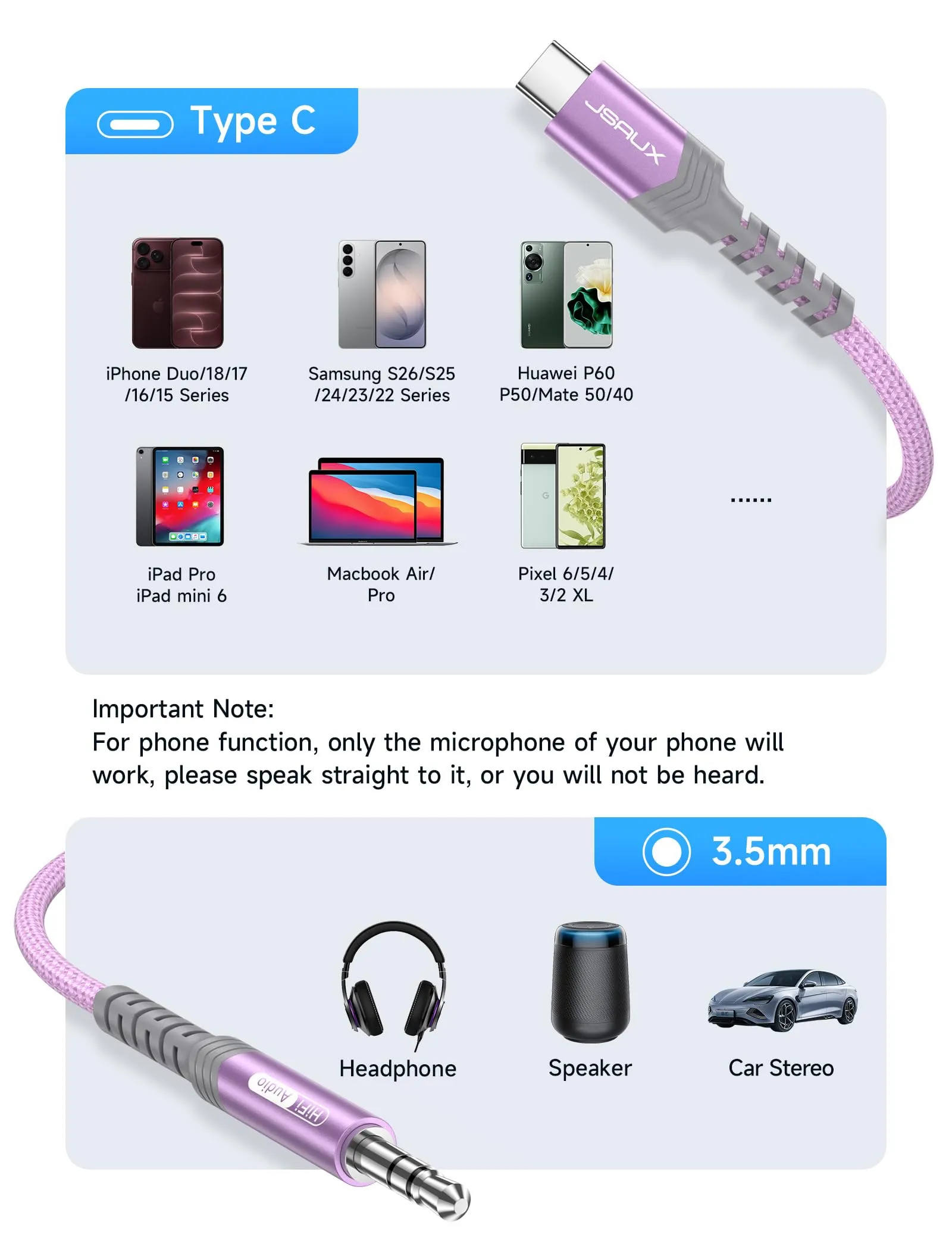 JSAUX Cavo da USB C a 3,5mm jack 1m, Adattatore USB C a 3,5 mm Audio Aux Cavo Cuffia Stereo Auto Compatibile con iPhone 15 Pro Max/15 Pro/15 Plus/15, Samsung Galaxy S23 S22 S21 Ultra-rosa - immagine 6