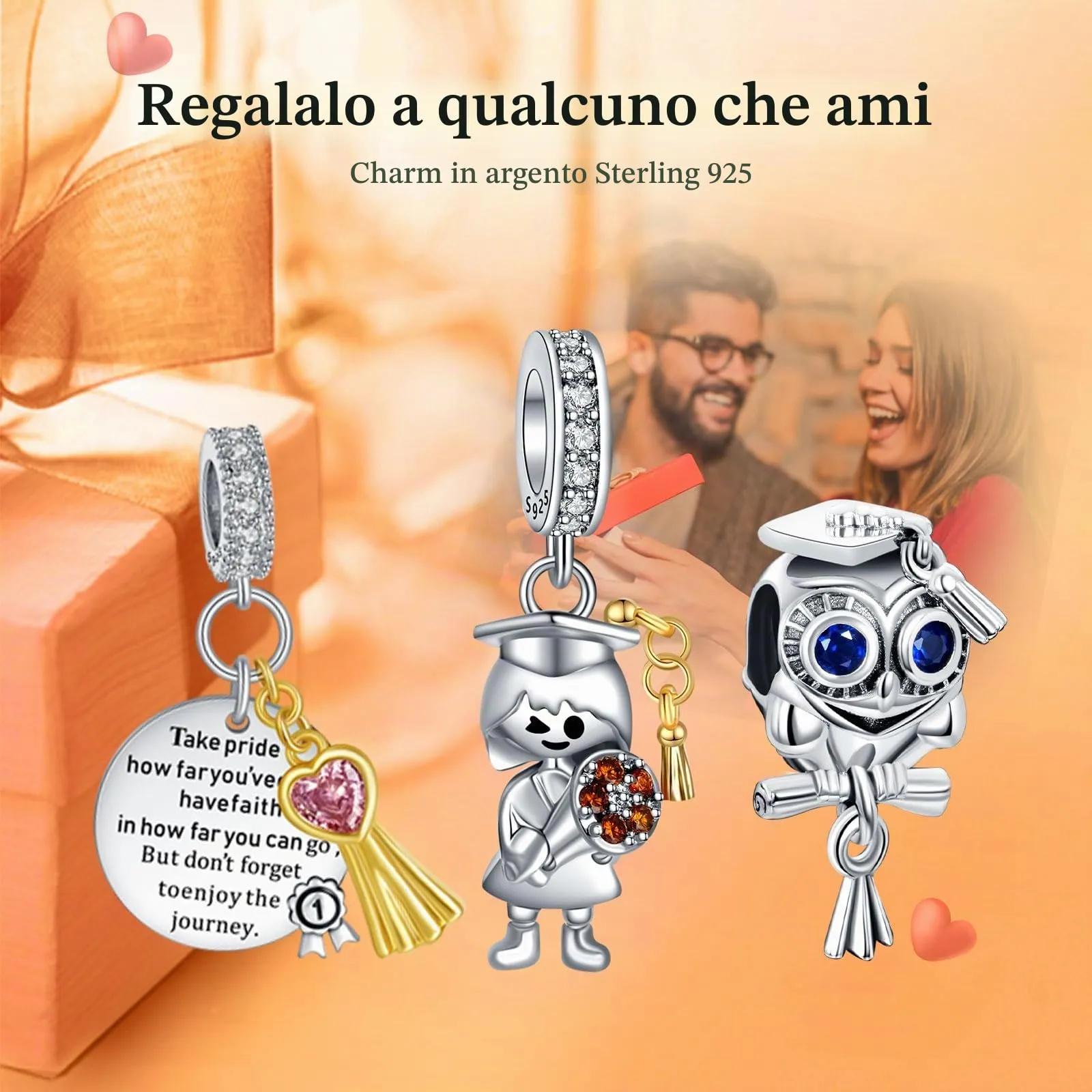 Rimgoris Ciondolo in Argento Sterling 925 Braccialetti da Donna Collana Berretto da Laurea Studenti Gufo Cappello da Dottore Fiori Gemma Ciondolo Bracciale da Donna Confezione da 3 - immagine 2