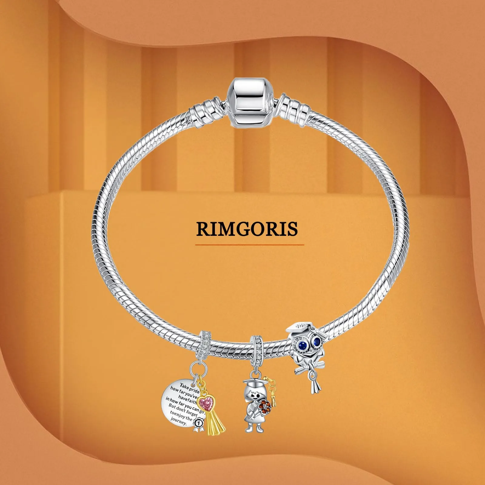 Rimgoris Ciondolo in Argento Sterling 925 Braccialetti da Donna Collana Berretto da Laurea Studenti Gufo Cappello da Dottore Fiori Gemma Ciondolo Bracciale da Donna Confezione da 3 - immagine 3