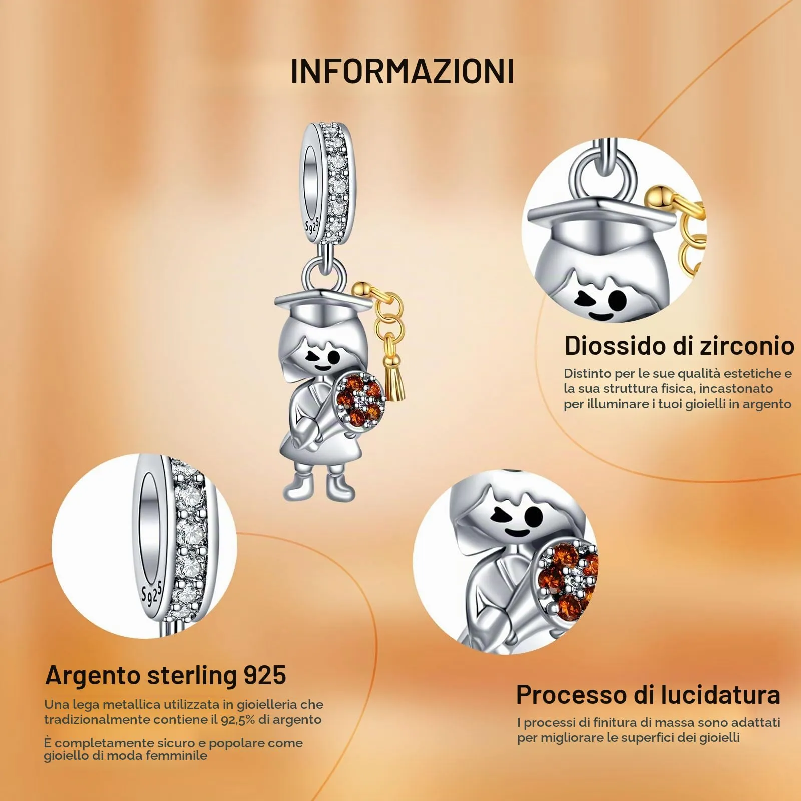 Rimgoris Ciondolo in Argento Sterling 925 Braccialetti da Donna Collana Berretto da Laurea Studenti Gufo Cappello da Dottore Fiori Gemma Ciondolo Bracciale da Donna Confezione da 3 - immagine 4