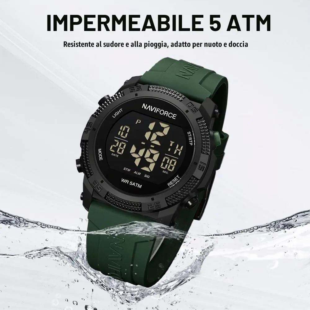 NAVIFORCE Orologio digitale da uomo, sportivo, impermeabile, con cronometro, sveglia, cinturino in gomma, Verde, Sportivo - immagine 2