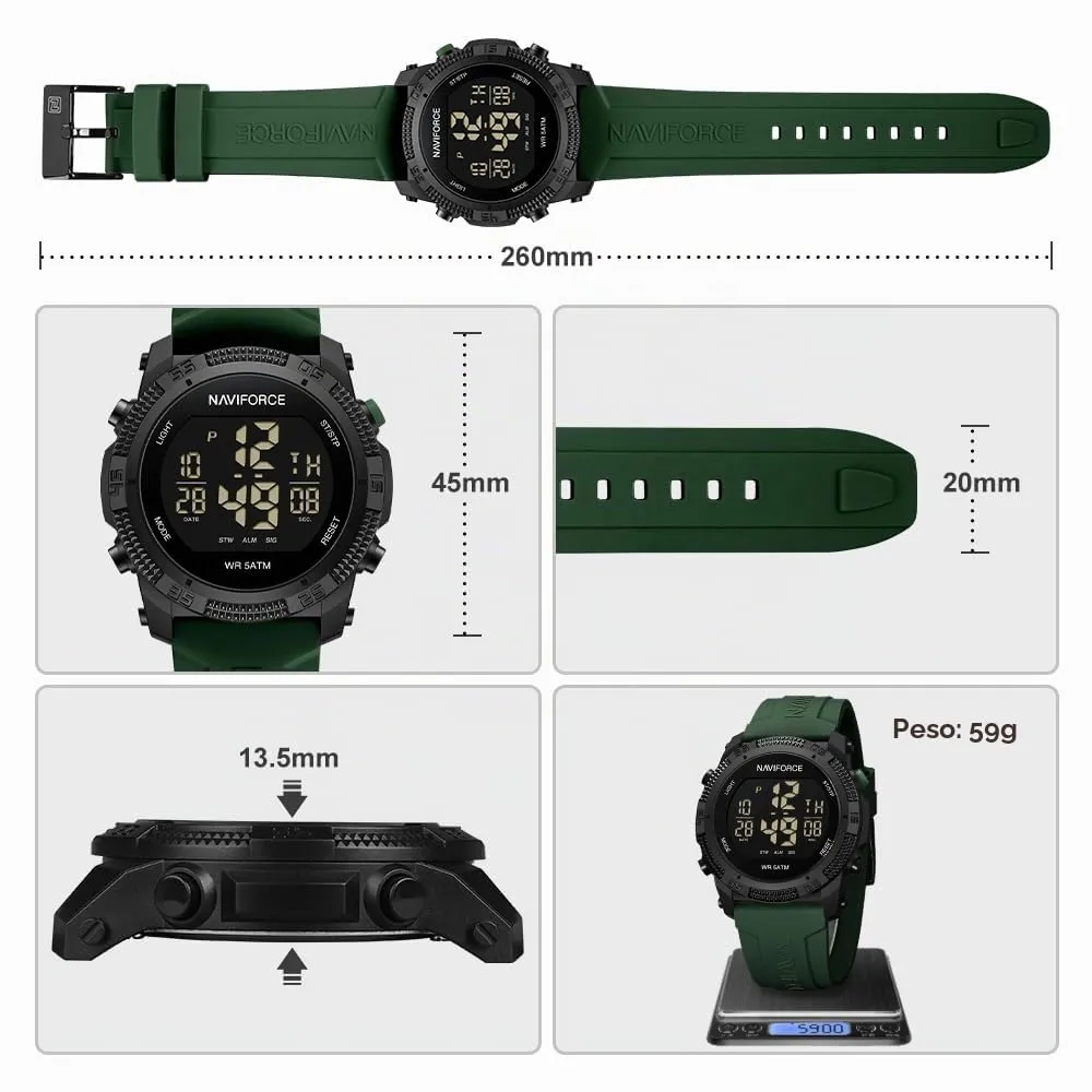NAVIFORCE Orologio digitale da uomo, sportivo, impermeabile, con cronometro, sveglia, cinturino in gomma, Verde, Sportivo - immagine 3