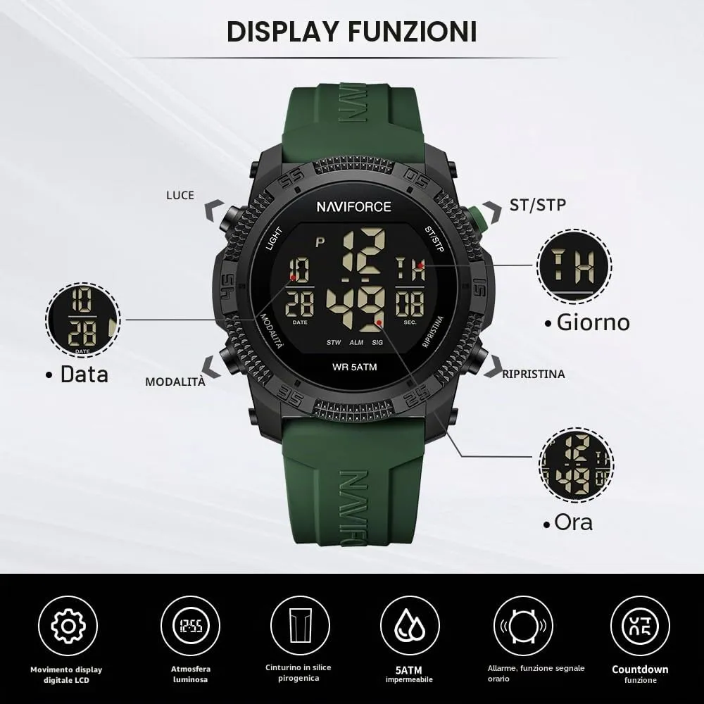 NAVIFORCE Orologio digitale da uomo, sportivo, impermeabile, con cronometro, sveglia, cinturino in gomma, Verde, Sportivo - immagine 4
