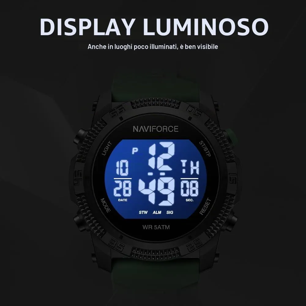 NAVIFORCE Orologio digitale da uomo, sportivo, impermeabile, con cronometro, sveglia, cinturino in gomma, Verde, Sportivo - immagine 5