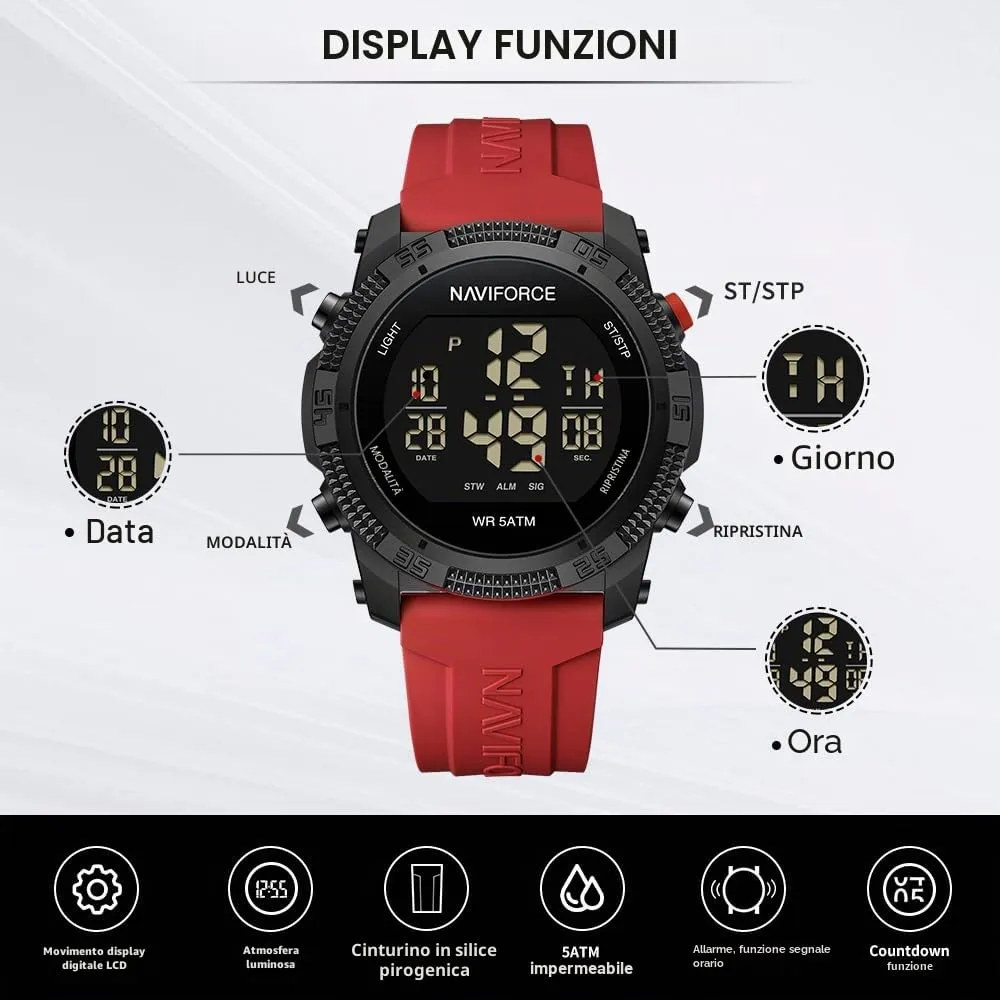 Naviforce Orologio digitale sportivo impermeabile da uomo con cronometro, allarme, cinturino in gomma, orologio da polso per donna - immagine 4