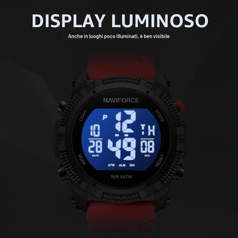 Naviforce Orologio digitale sportivo impermeabile da uomo con cronometro, allarme, cinturino in gomma, orologio da polso per donna - immagine 5
