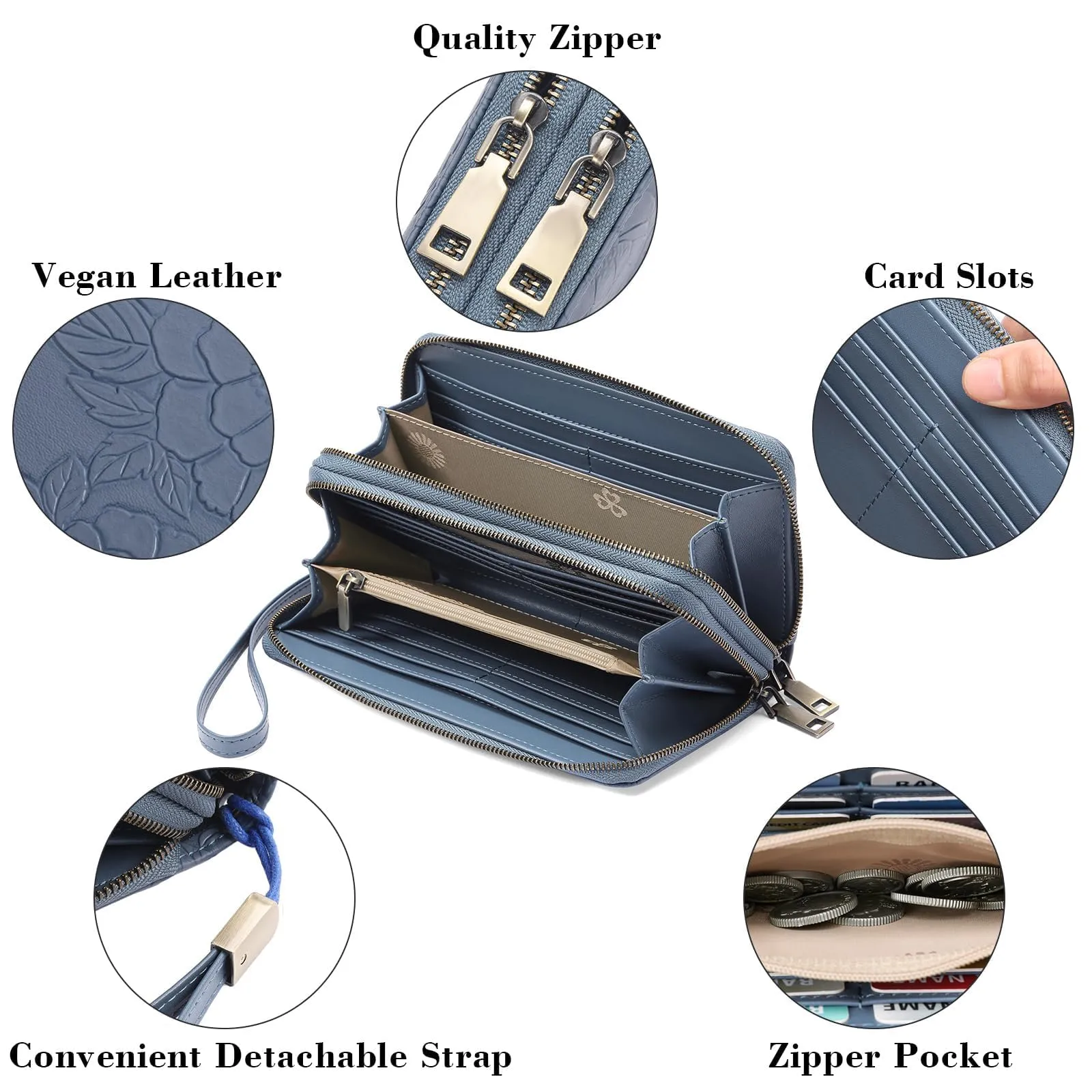 GAEKEAO Portafoglio Donna Grande, Portamonete Vegan in Pelle, Porta Tessere Blocco RFID, Portacarte di Credito, Porta Tessere, Borsellino Doppia Cerniera, Idee Regalo - immagine 5