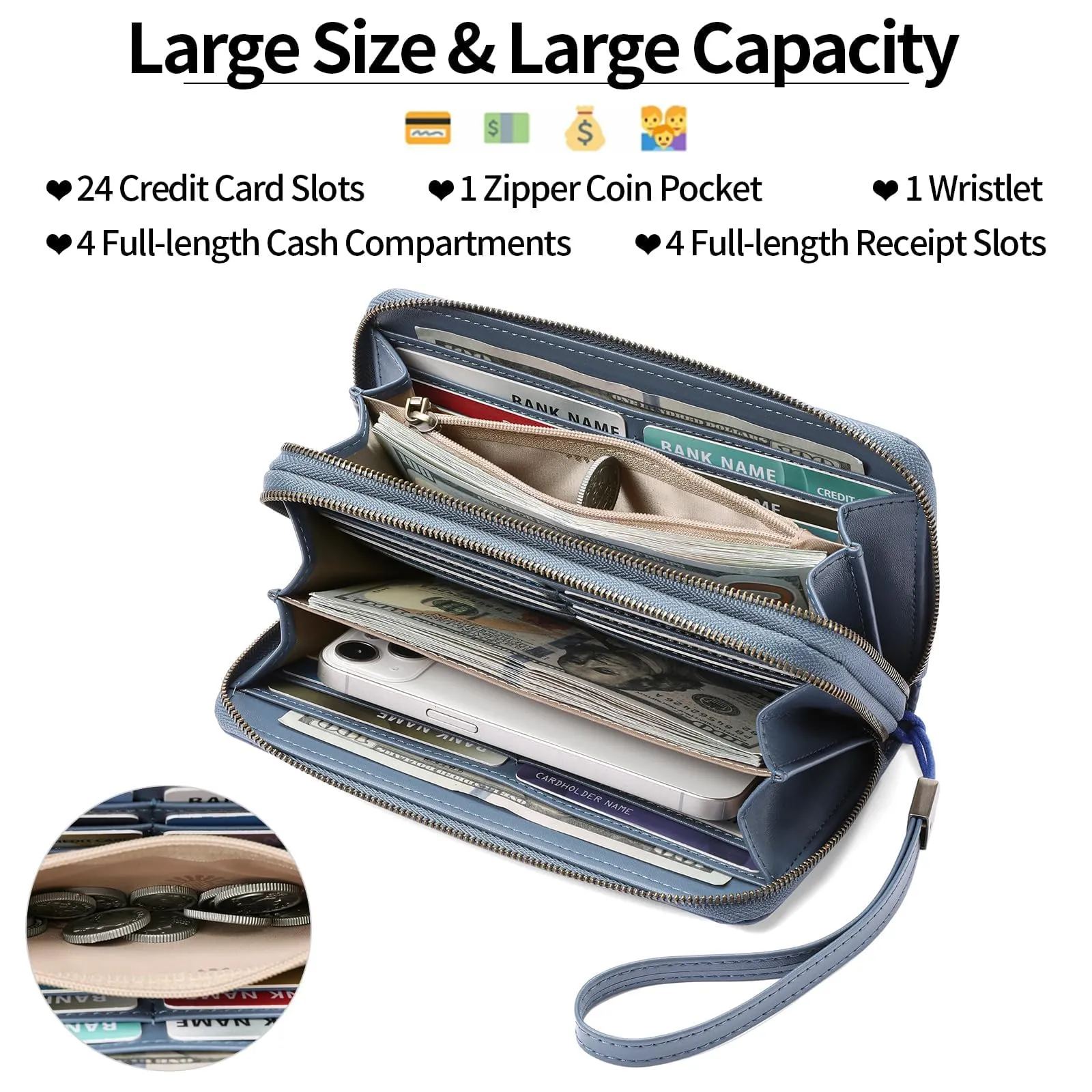 GAEKEAO Portafoglio Donna Grande, Portamonete Vegan in Pelle, Porta Tessere Blocco RFID, Portacarte di Credito, Porta Tessere, Borsellino Doppia Cerniera, Idee Regalo - immagine 6