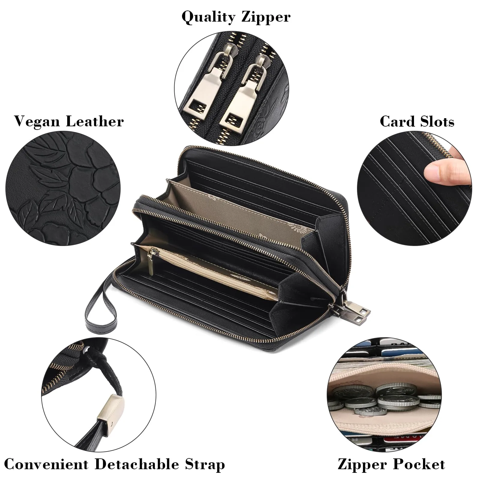 GAEKEAO Portafoglio Donna Grande, Portamonete Vegan in Pelle, Porta Tessere Blocco RFID, Portacarte di Credito, Porta Tessere, Borsellino Doppia Cerniera, Idee Regalo - immagine 5