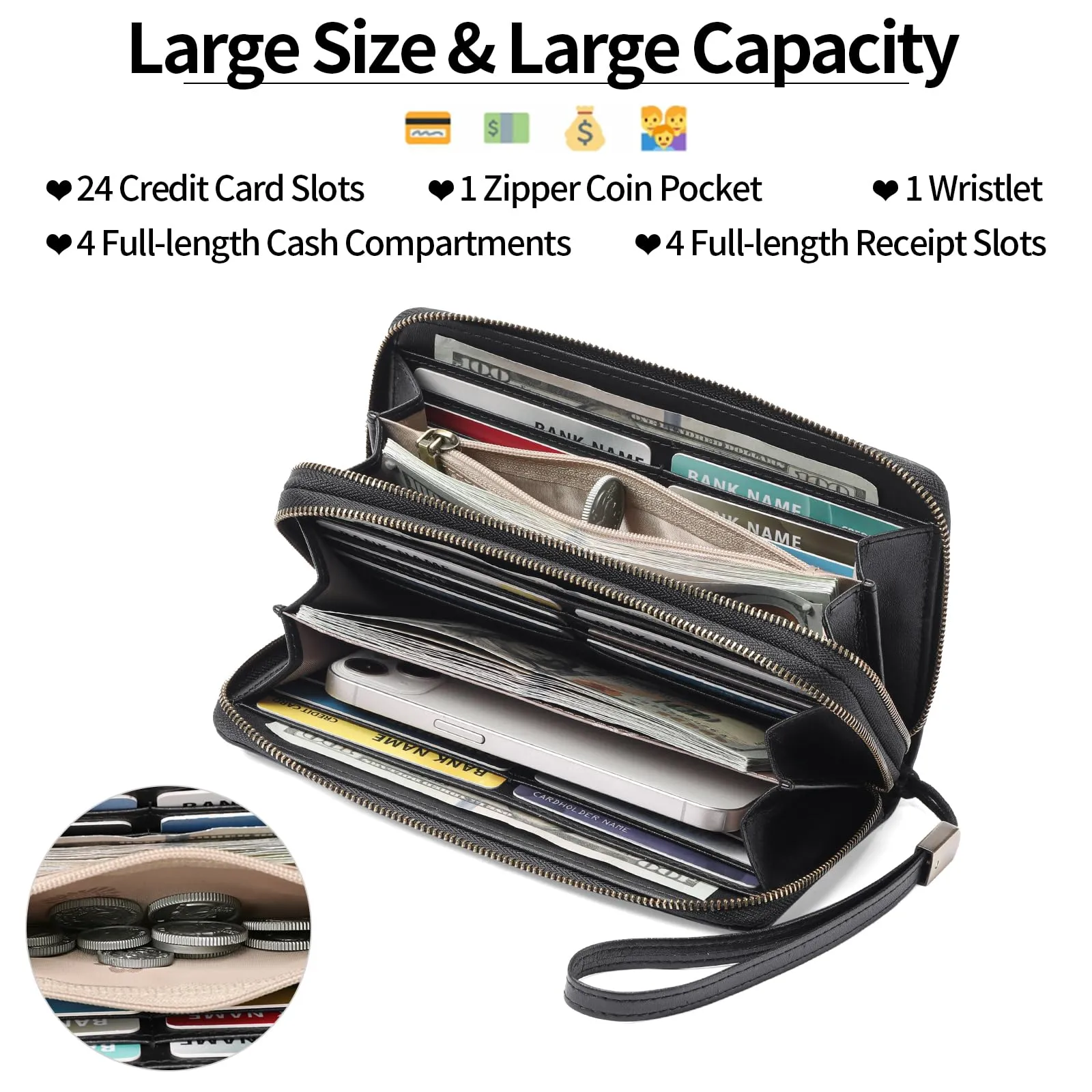 GAEKEAO Portafoglio Donna Grande, Portamonete Vegan in Pelle, Porta Tessere Blocco RFID, Portacarte di Credito, Porta Tessere, Borsellino Doppia Cerniera, Idee Regalo - immagine 6