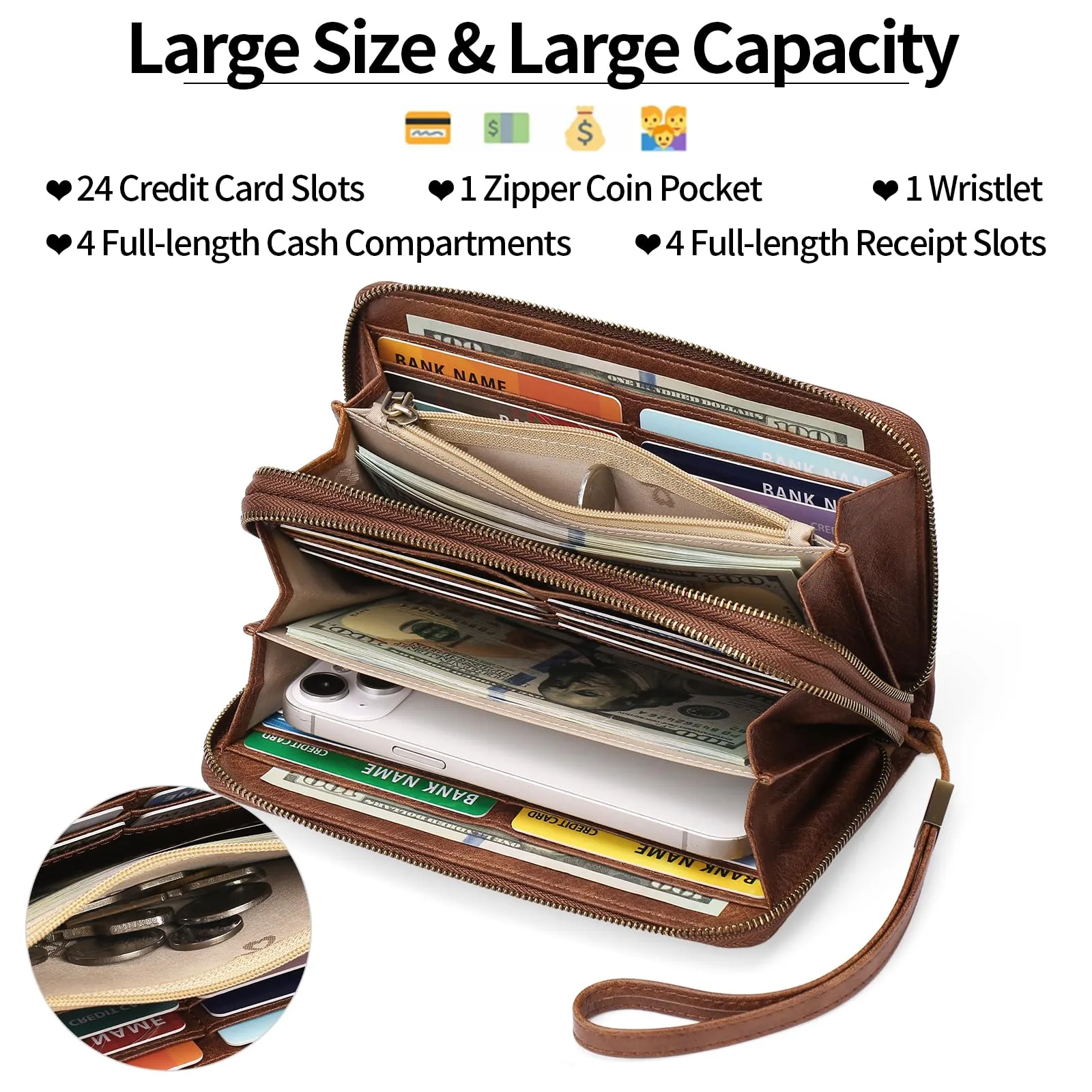 GAEKEAO Portafoglio Donna Grande, Portamonete Vegan in Pelle, Porta Tessere Blocco RFID, Portacarte di Credito, Porta Tessere, Borsellino Doppia Cerniera, Idee Regalo - immagine 3