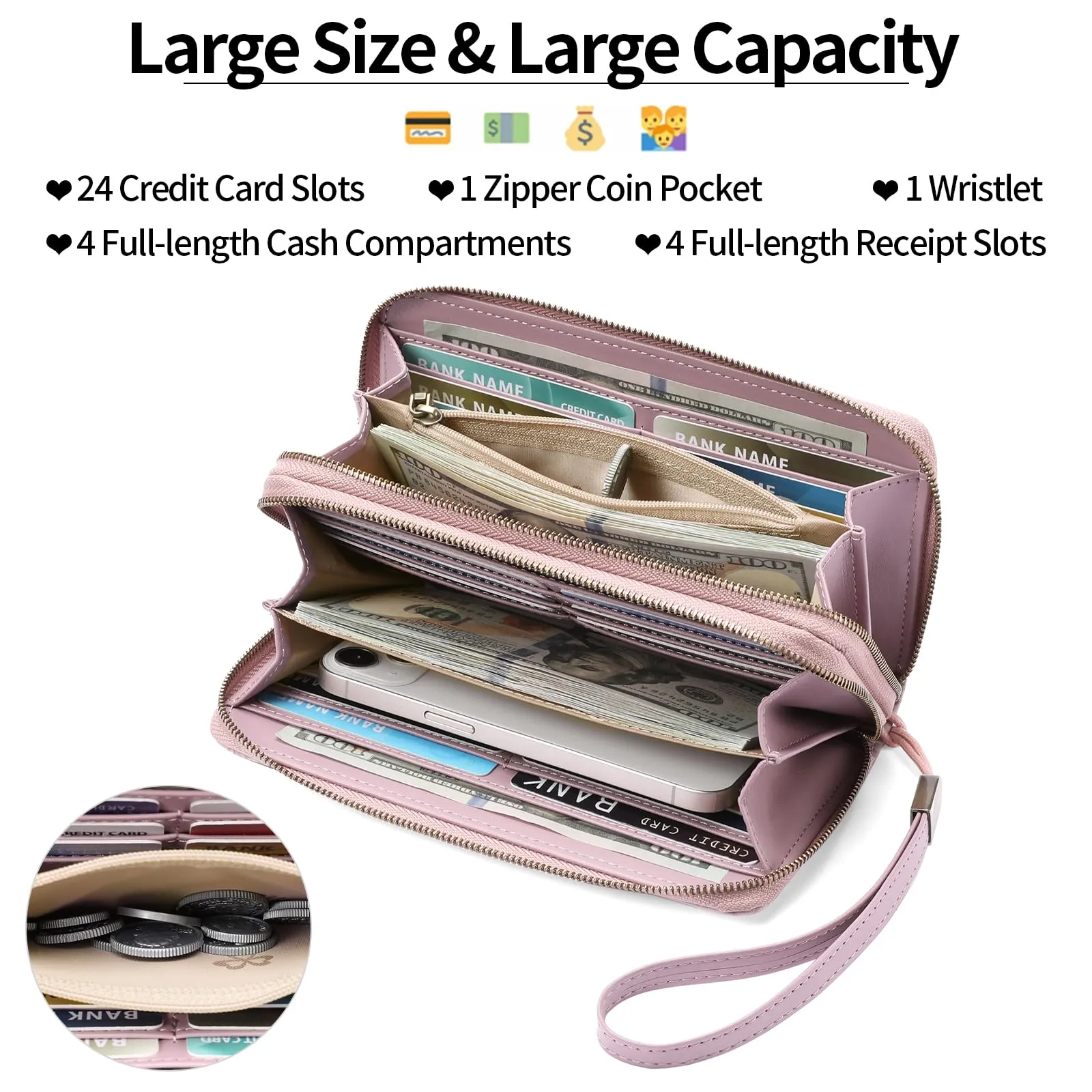 GAEKEAO Portafoglio Donna Grande, Portamonete Vegan in Pelle, Porta Tessere Blocco RFID, Portacarte di Credito, Porta Tessere, Borsellino Doppia Cerniera, Idee Regalo - immagine 6