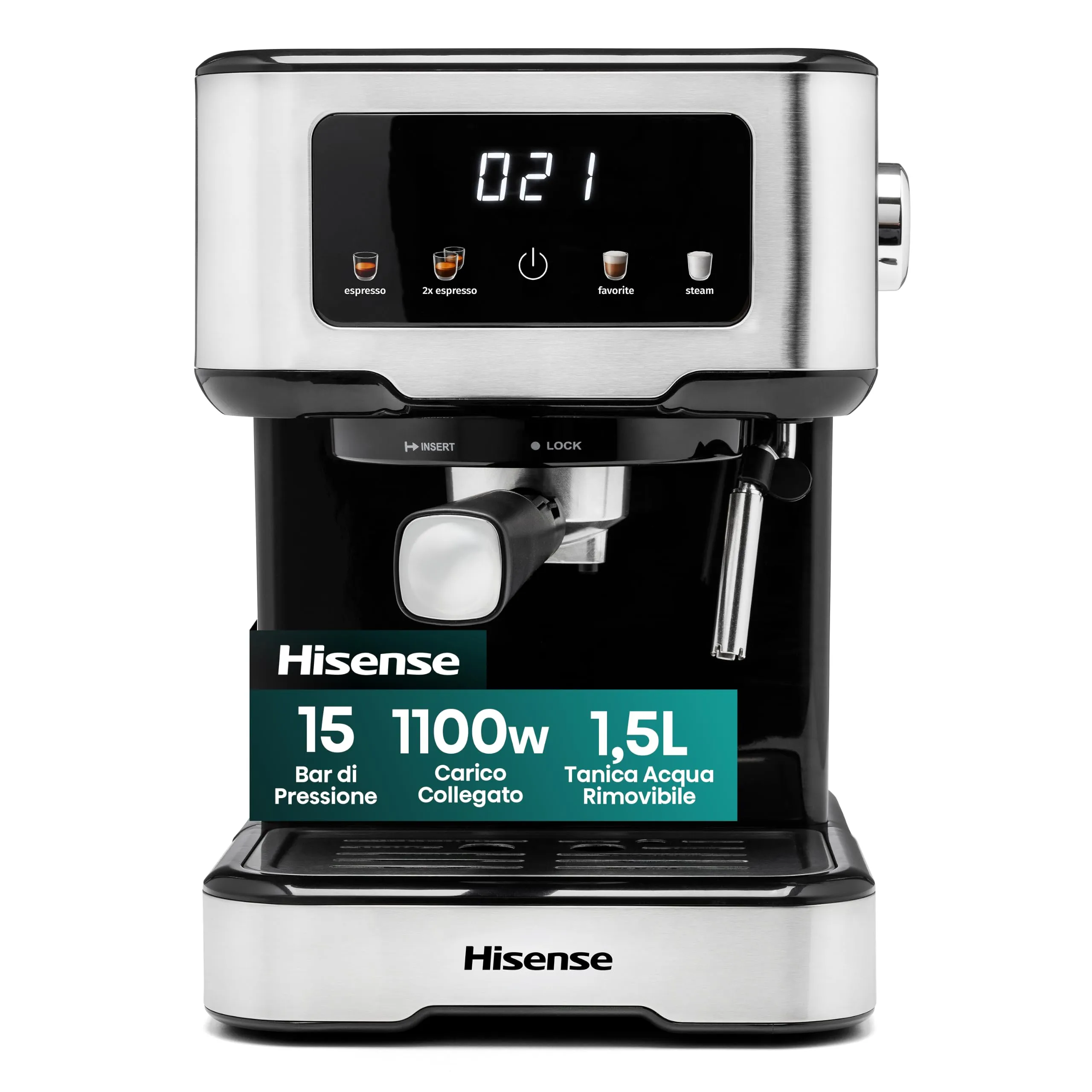 Hisense HESCM15CD NUOVA Macchina da caffè Espresso Manuale, per Macinato e compatibile con Cialde ESE 44 mm, Pressione 15 bar, Schermo Touch, 1100W, Silver, 27.4x30x27.2 cm - immagine 1