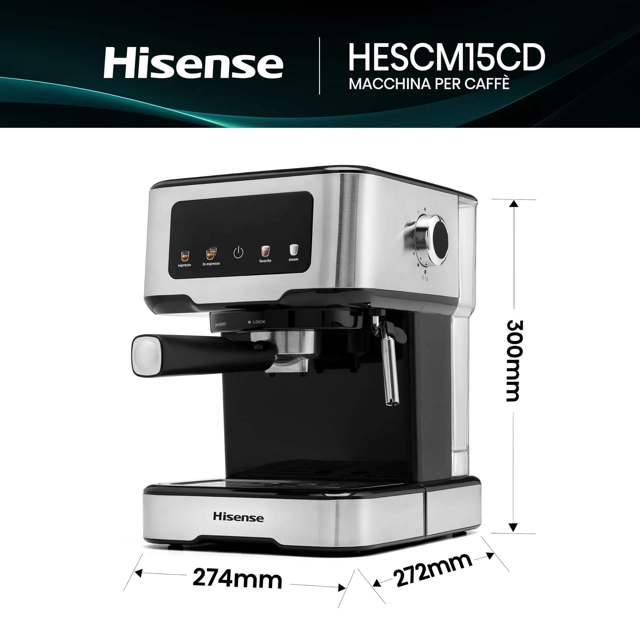 Hisense HESCM15CD NUOVA Macchina da caffè Espresso Manuale, per Macinato e compatibile con Cialde ESE 44 mm, Pressione 15 bar, Schermo Touch, 1100W, Silver, 27.4x30x27.2 cm - immagine 2