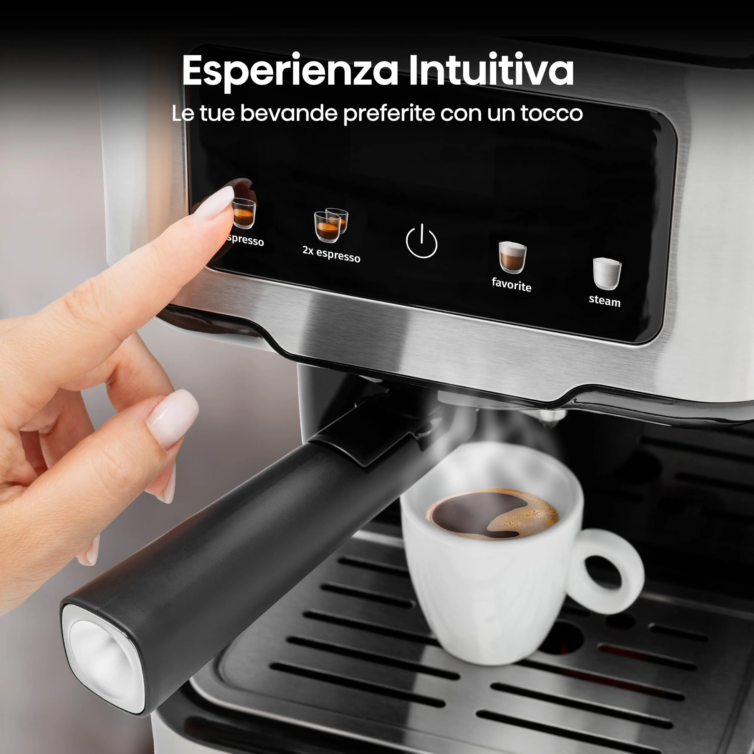 Hisense HESCM15CD NUOVA Macchina da caffè Espresso Manuale, per Macinato e compatibile con Cialde ESE 44 mm, Pressione 15 bar, Schermo Touch, 1100W, Silver, 27.4x30x27.2 cm - immagine 4