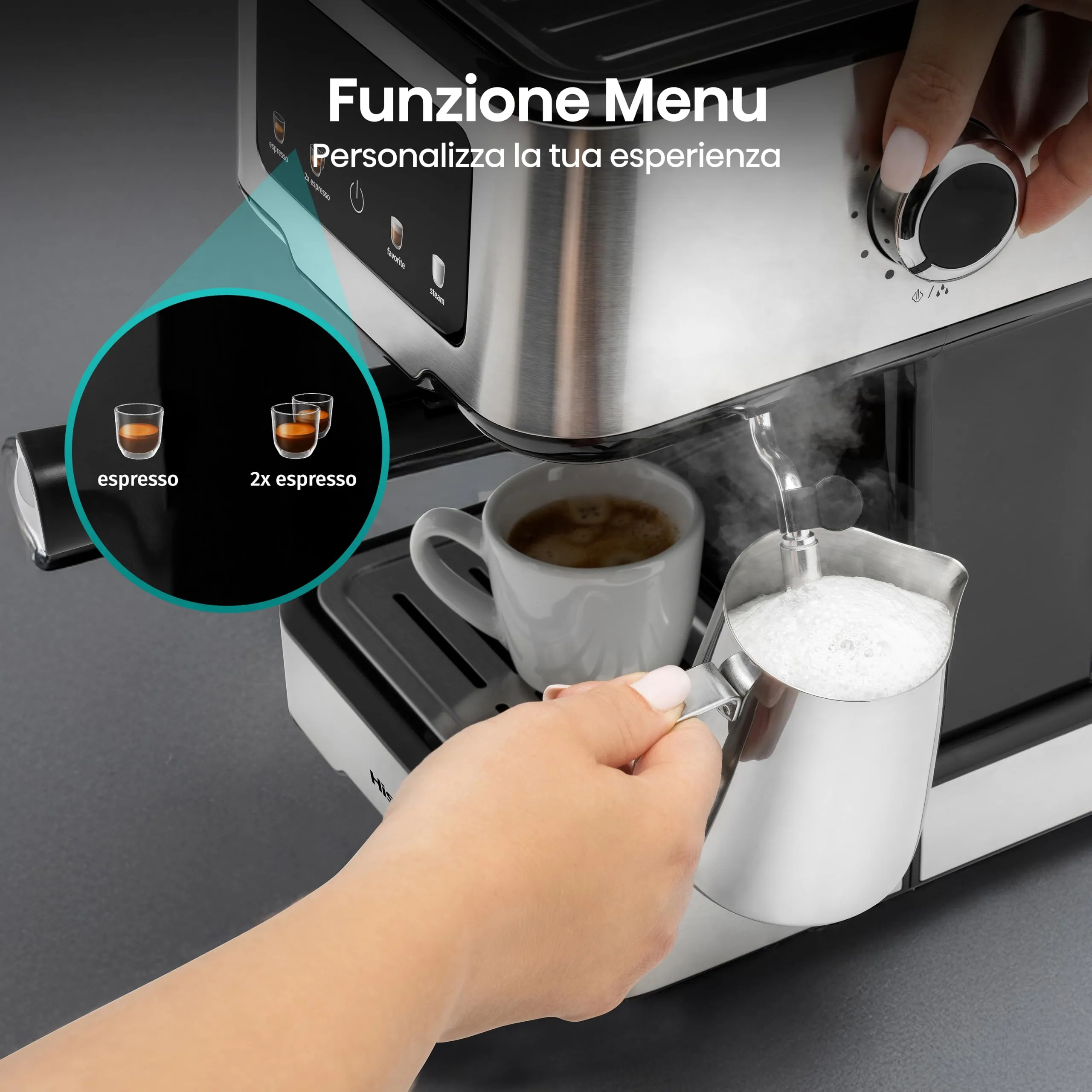 Hisense HESCM15CD NUOVA Macchina da caffè Espresso Manuale, per Macinato e compatibile con Cialde ESE 44 mm, Pressione 15 bar, Schermo Touch, 1100W, Silver, 27.4x30x27.2 cm - immagine 6