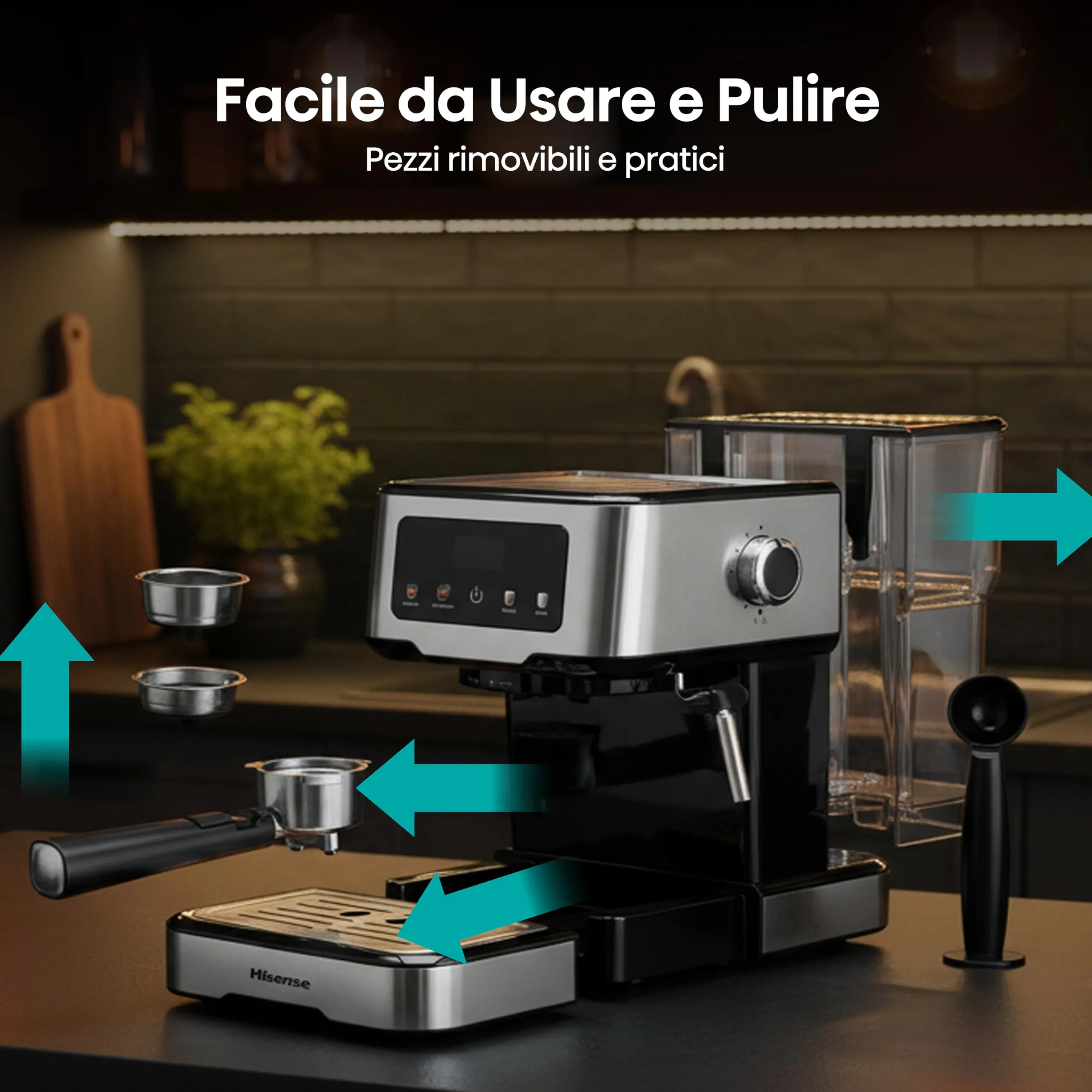 Hisense HESCM15CD NUOVA Macchina da caffè Espresso Manuale, per Macinato e compatibile con Cialde ESE 44 mm, Pressione 15 bar, Schermo Touch, 1100W, Silver, 27.4x30x27.2 cm - immagine 8