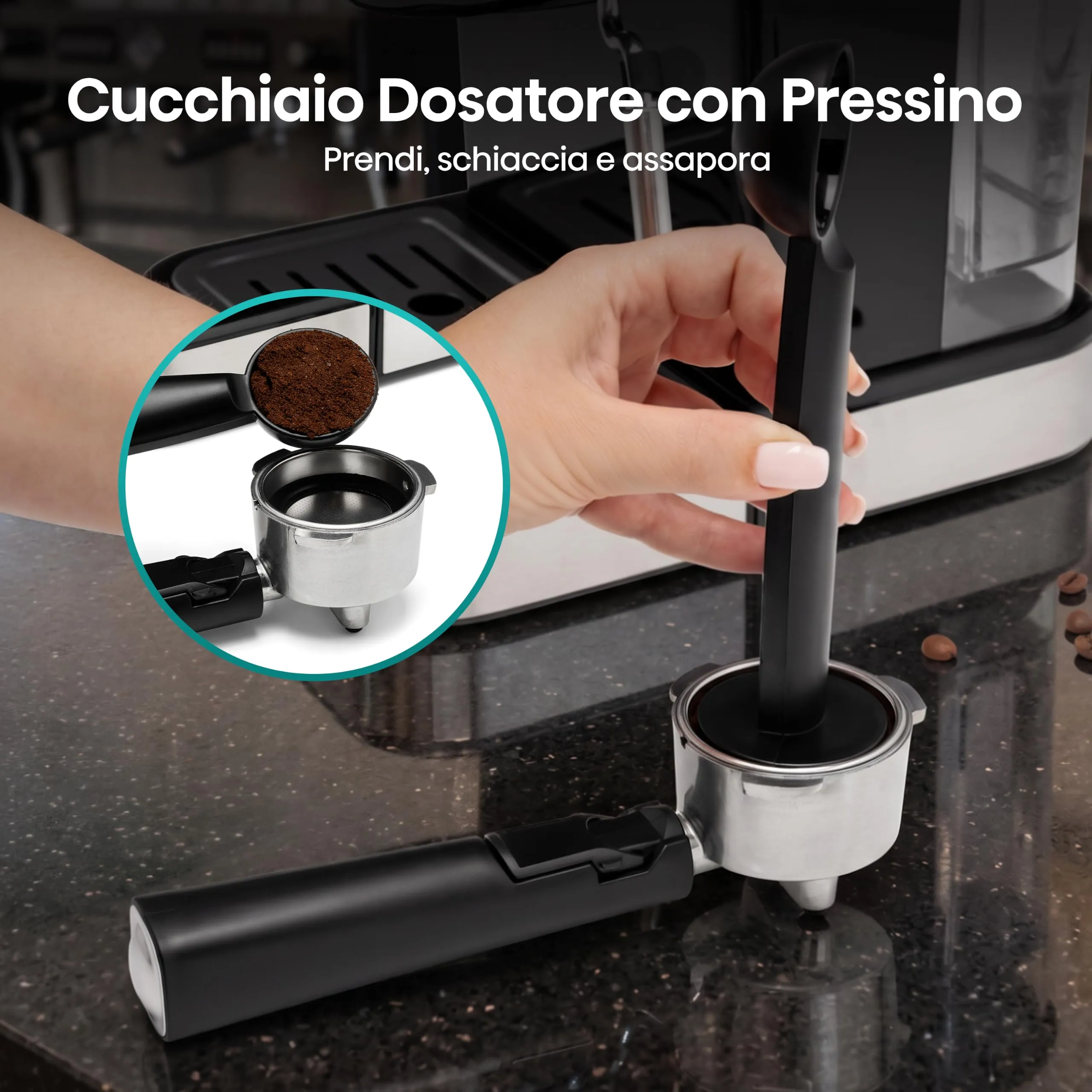 Hisense HESCM15CD NUOVA Macchina da caffè Espresso Manuale, per Macinato e compatibile con Cialde ESE 44 mm, Pressione 15 bar, Schermo Touch, 1100W, Silver, 27.4x30x27.2 cm - immagine 9
