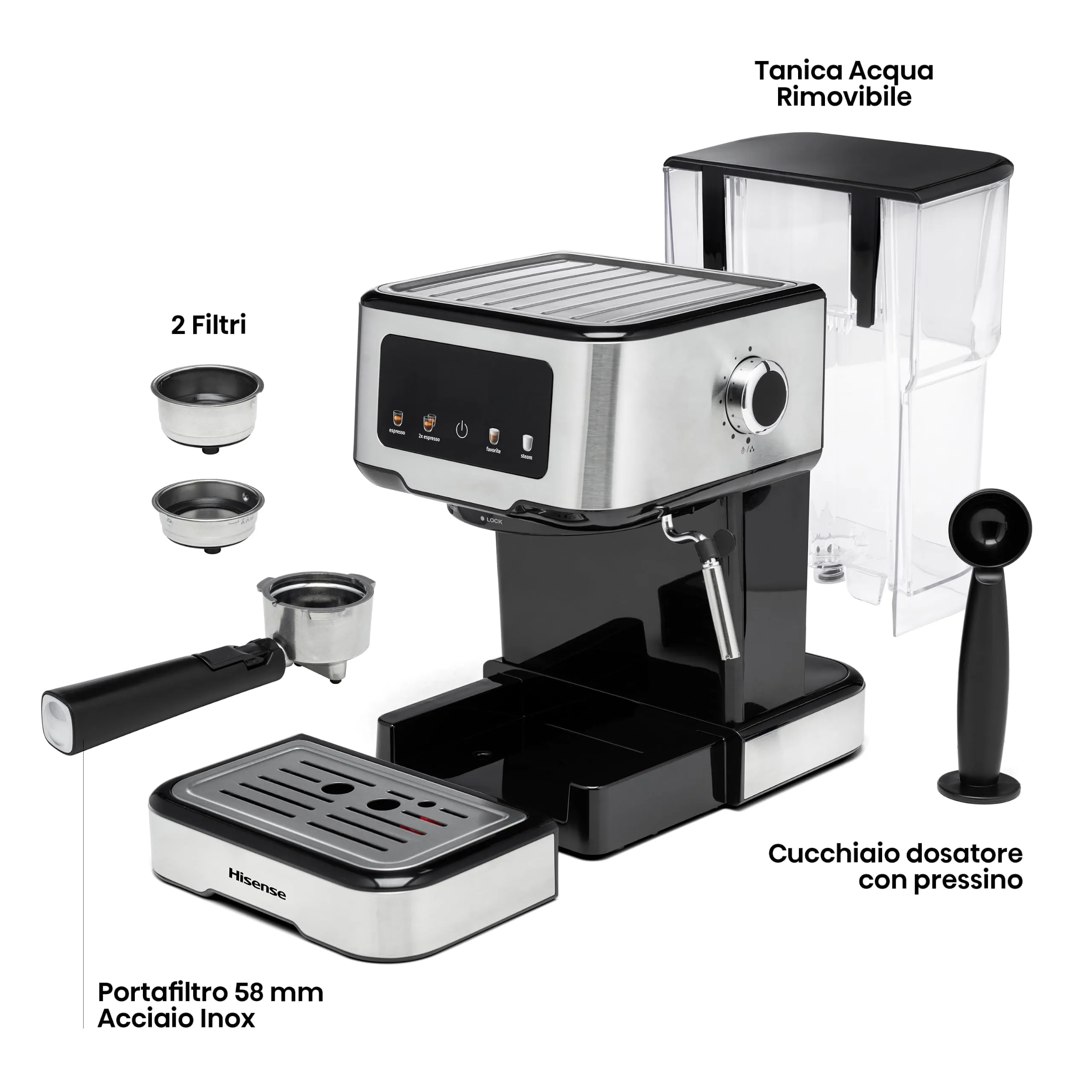 Hisense HESCM15CD NUOVA Macchina da caffè Espresso Manuale, per Macinato e compatibile con Cialde ESE 44 mm, Pressione 15 bar, Schermo Touch, 1100W, Silver, 27.4x30x27.2 cm - immagine 11