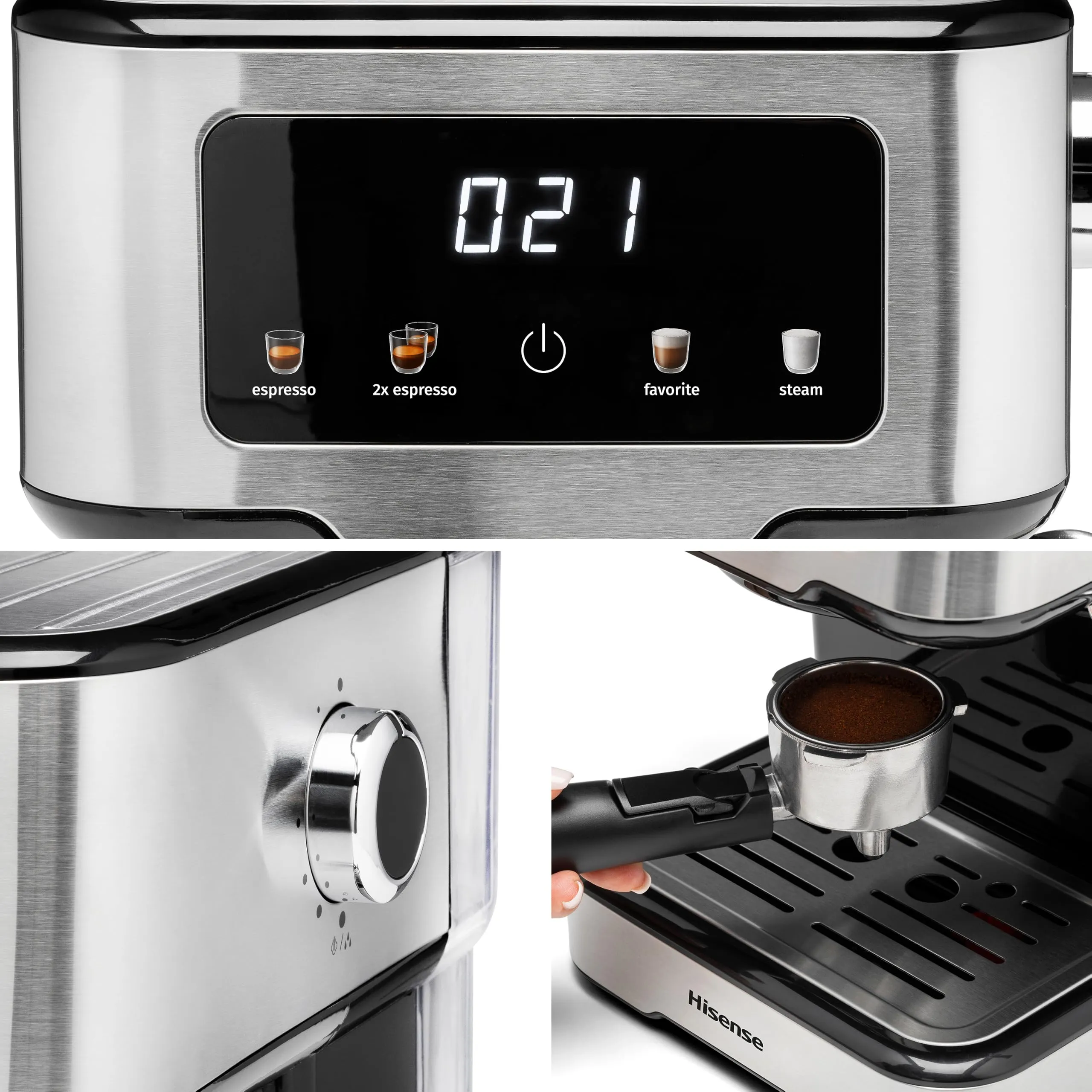 Hisense HESCM15CD NUOVA Macchina da caffè Espresso Manuale, per Macinato e compatibile con Cialde ESE 44 mm, Pressione 15 bar, Schermo Touch, 1100W, Silver, 27.4x30x27.2 cm - immagine 12