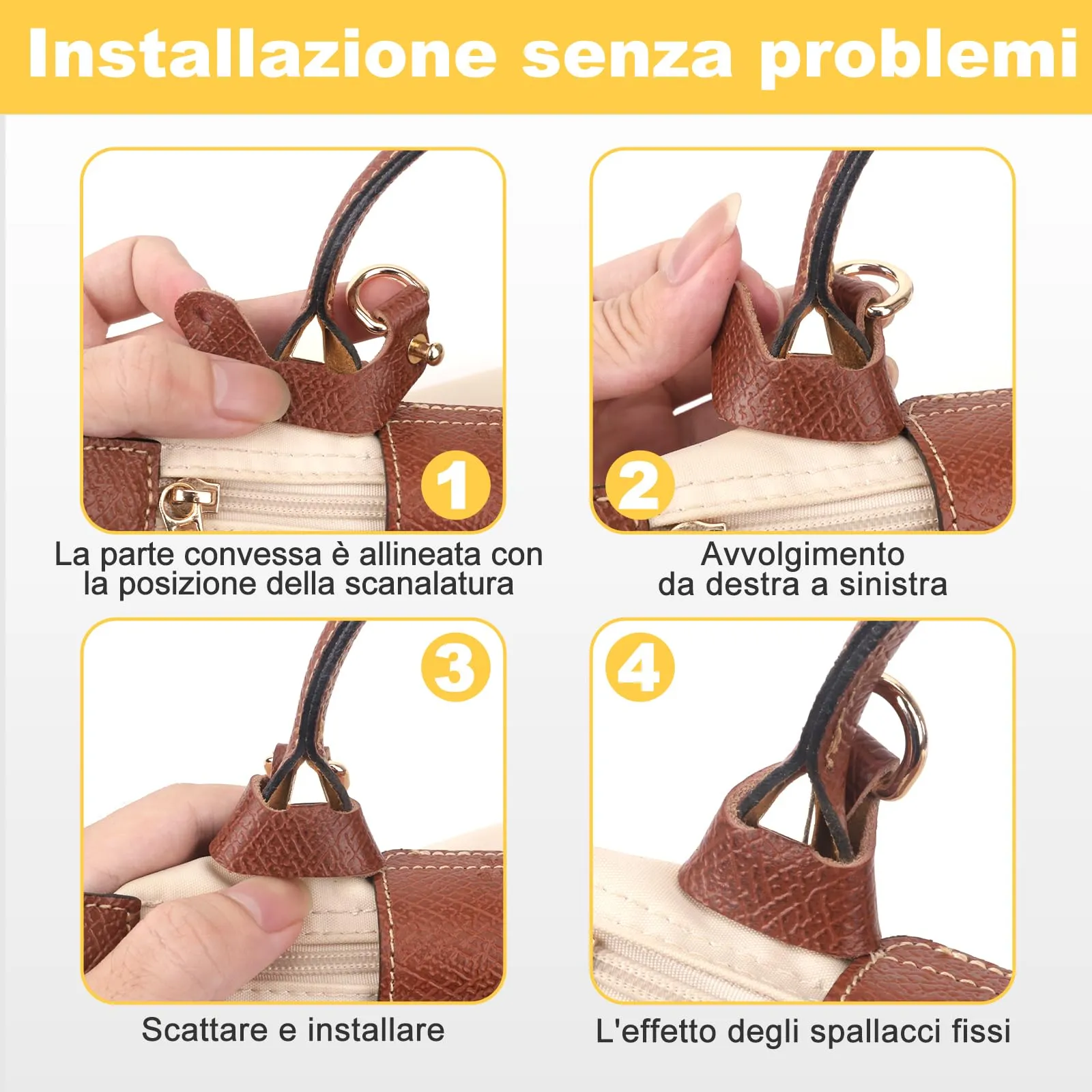 Tracolla per Longchamp Borsa Donna, Tracolla Regolabile per Borse, Cinghie di Trasporto in Pelle Giallo-Marrone per Longchamp Mini Bag Straps, Estensione Della (Larghezza della tracolla 0,9 cm) - immagine 2