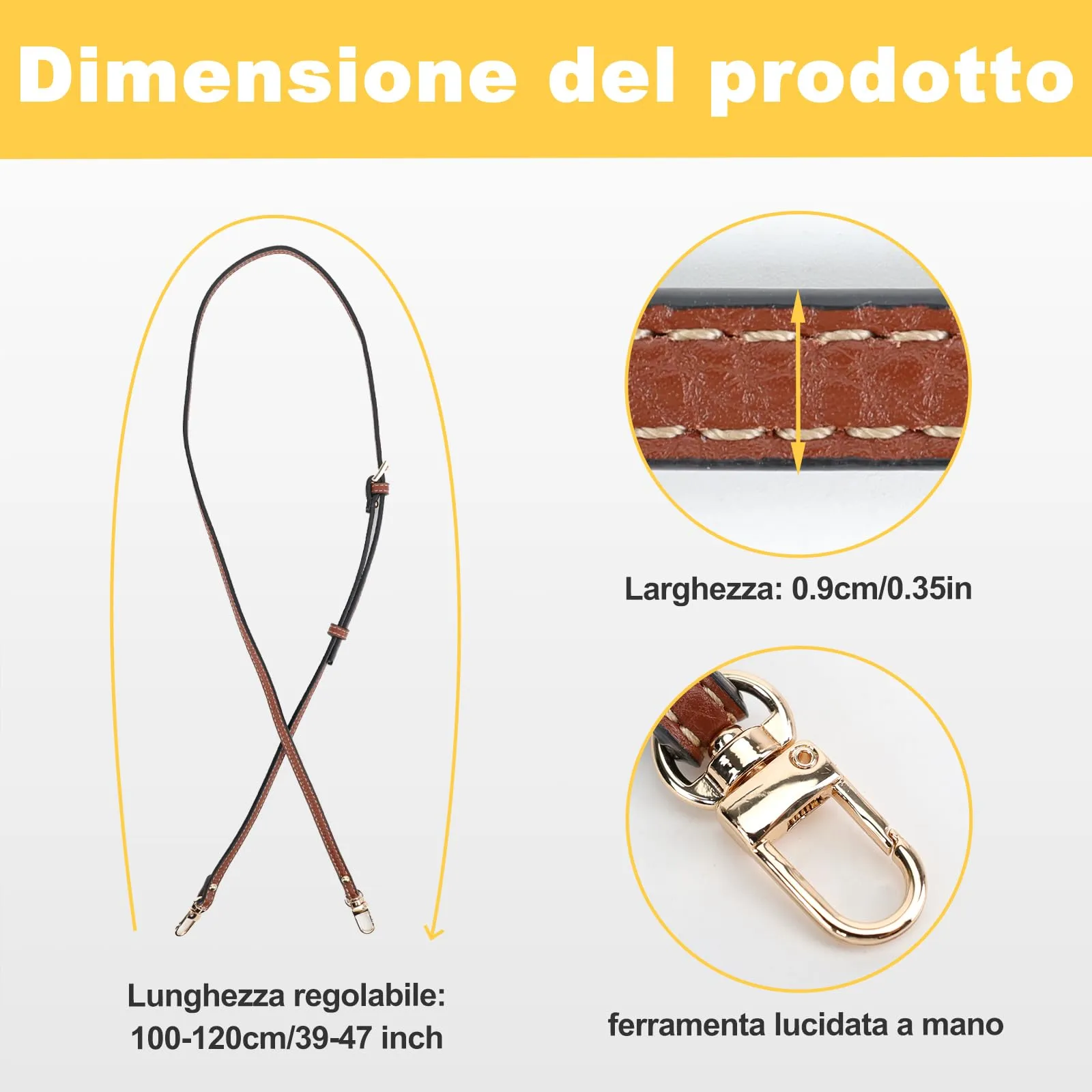 Tracolla per Longchamp Borsa Donna, Tracolla Regolabile per Borse, Cinghie di Trasporto in Pelle Giallo-Marrone per Longchamp Mini Bag Straps, Estensione Della (Larghezza della tracolla 0,9 cm) - immagine 4