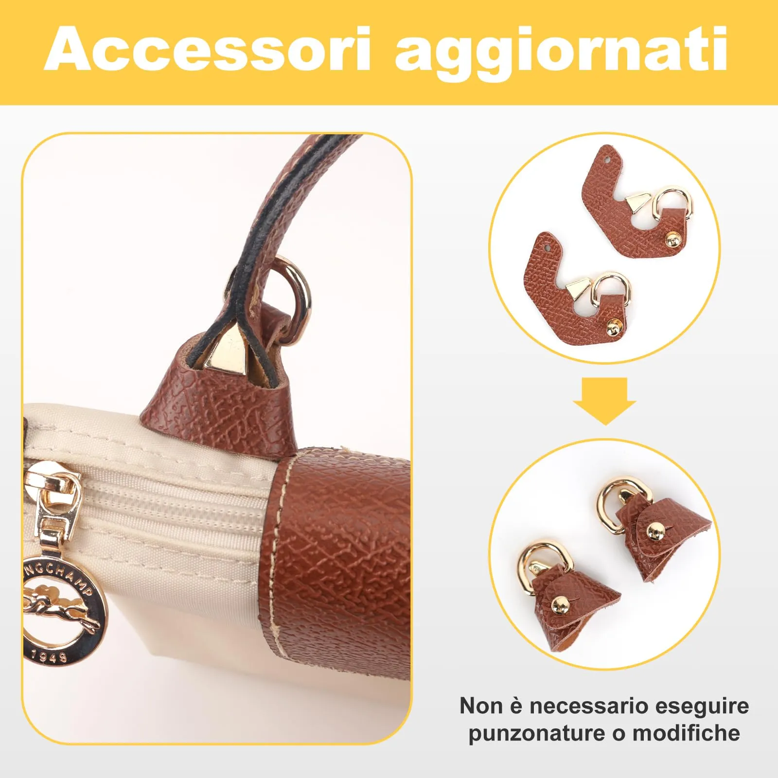 Tracolla per Longchamp Borsa Donna, Tracolla Regolabile per Borse, Cinghie di Trasporto in Pelle Giallo-Marrone per Longchamp Mini Bag Straps, Estensione Della (Larghezza della tracolla 0,9 cm) - immagine 7