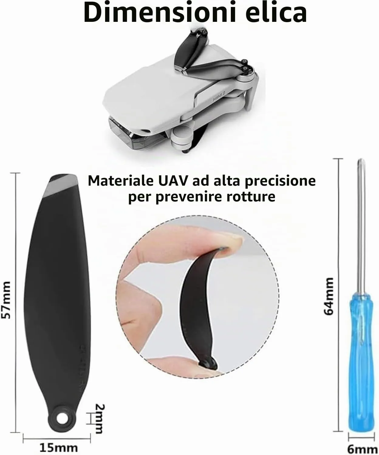 Bocguy 16 PCS Drone Eliche Mini 2, Drone Eliche per Mini 2/2 SE/SE / 4K Accessori Sostituzione con 24 Viti & 2 Cacciavite, Basso Rumore & Stabile (Argento) - immagine 2