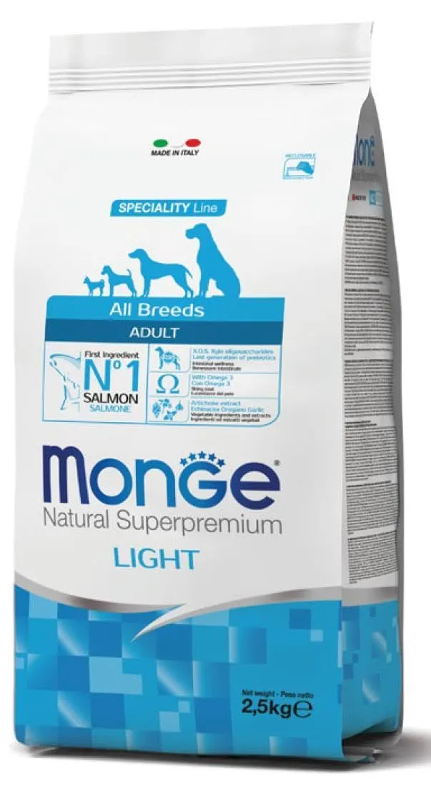 Monge LIGHT ADULT SALMON AND RICE, cibo per cani per tutte le razze (cibo secco per cani con salmone e riso, cibo secco per cani a ridotto fabbisogno energetico, contenuto: 12 kg) - immagine 1