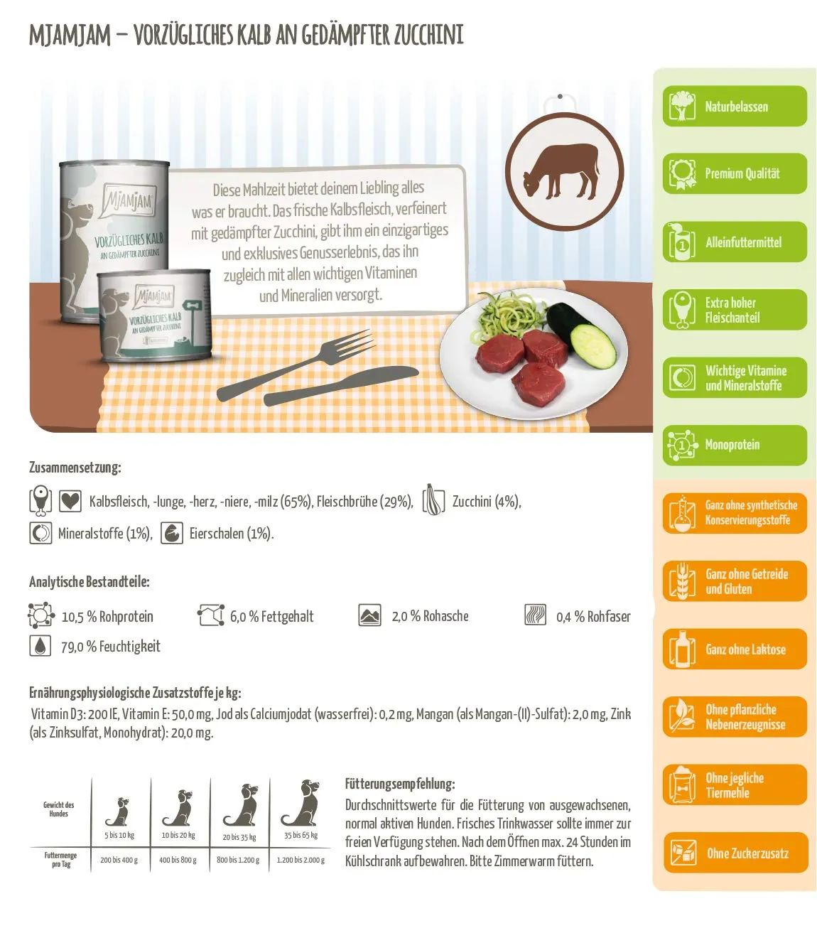 MjAMjAM - cibo umido premium per cani - ottimo vitello con zucchine al vapore, confezione da 6 (6 x 400 g), senza cereali con carne extra - immagine 3