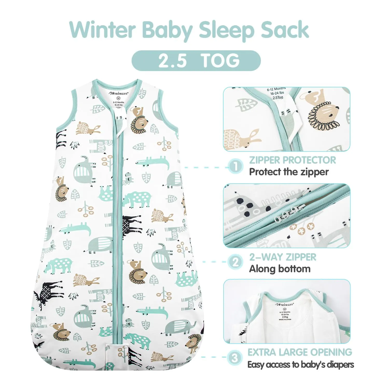 Mosebears Sacco nanna invernale per bambini, 2,5 tog,cotone, per diverse misure dalla nascita all'età di 24 mesi(blue zoo,0-6 mesi) - immagine 2