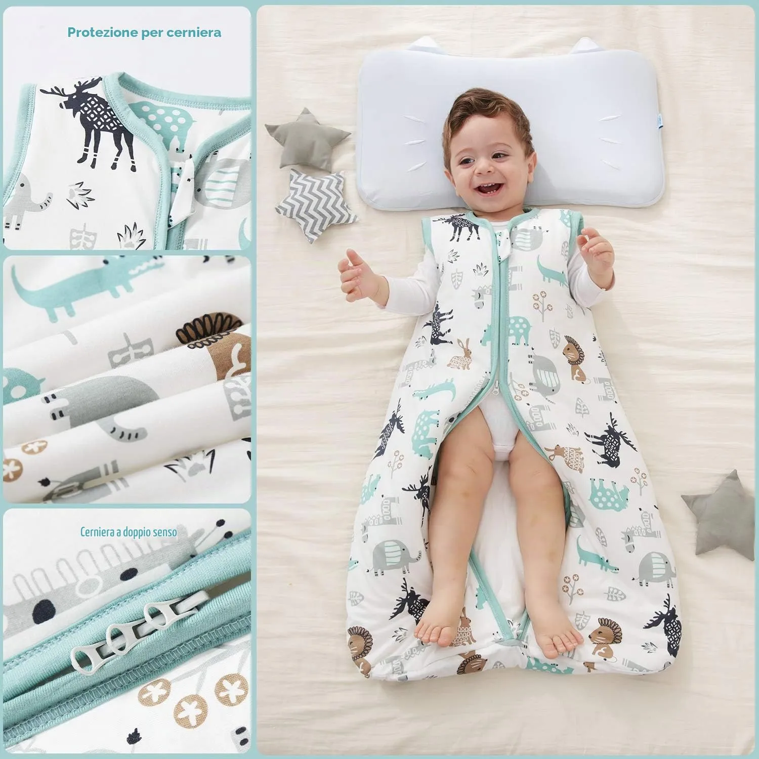 Mosebears Sacco nanna invernale per bambini, 2,5 tog,cotone, per diverse misure dalla nascita all'età di 24 mesi(blue zoo,18-24 mesi) - immagine 4