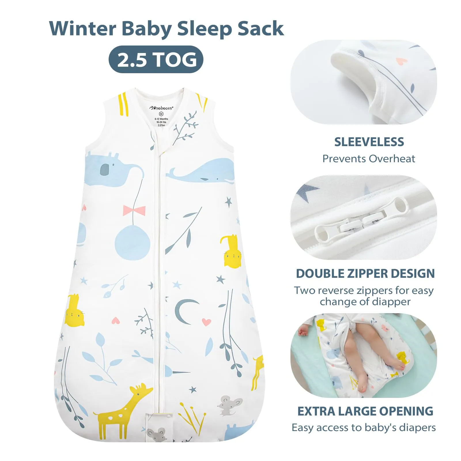 Mosebears Sacco nanna invernale per bambini, 2,5 tog,Cotone, per diverse misure, dalla nascita all'età di 24 mesi (animal, 12-18 mesi) - immagine 2