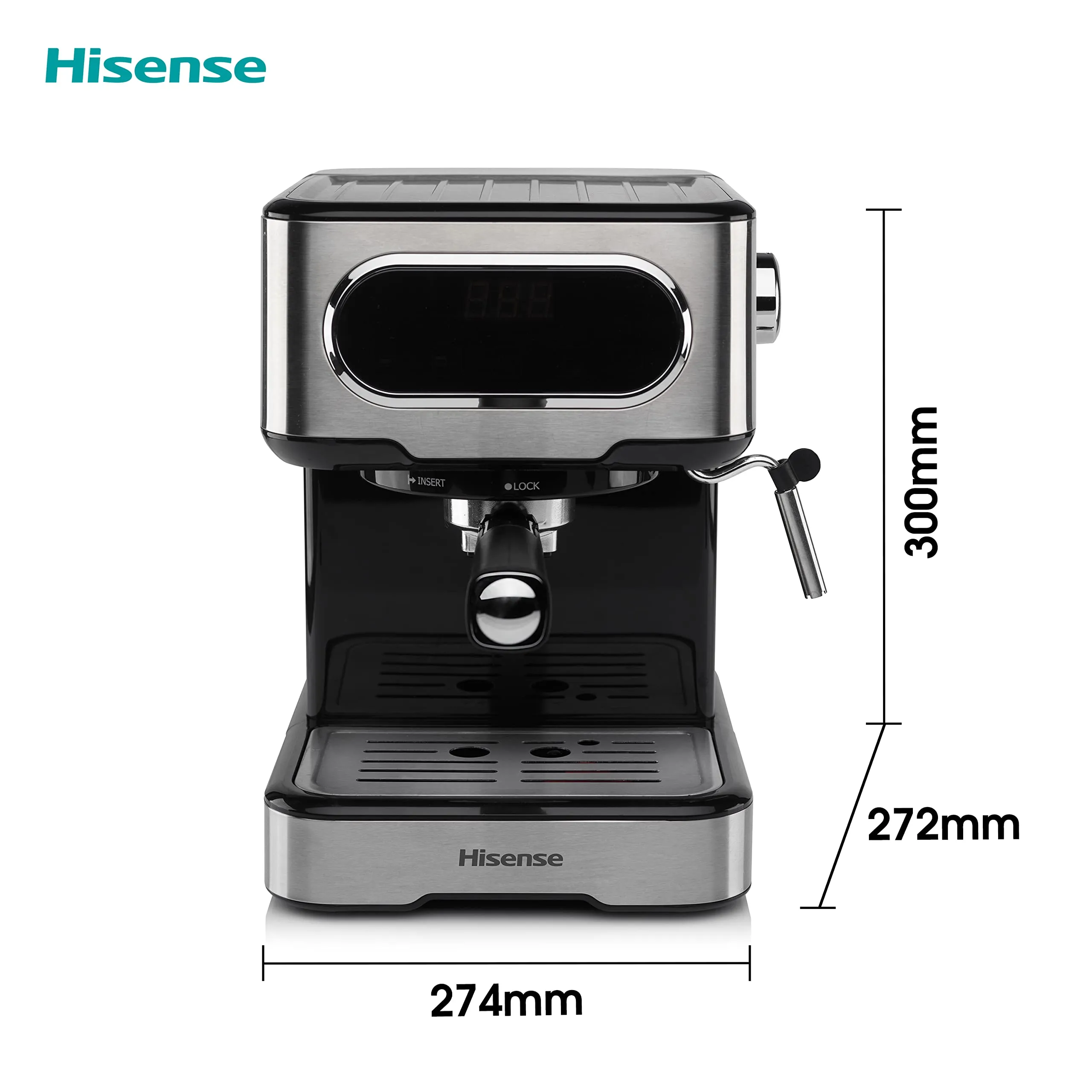 Hisense, HESCM15DBK, Macchina da caffè espresso manuale, macinato e compatibile con cialde ESE 44 mm, Pressione 15 bar, Schermo Touch, 1100W, Silver, 27.4x30x27.2 cm - immagine 2