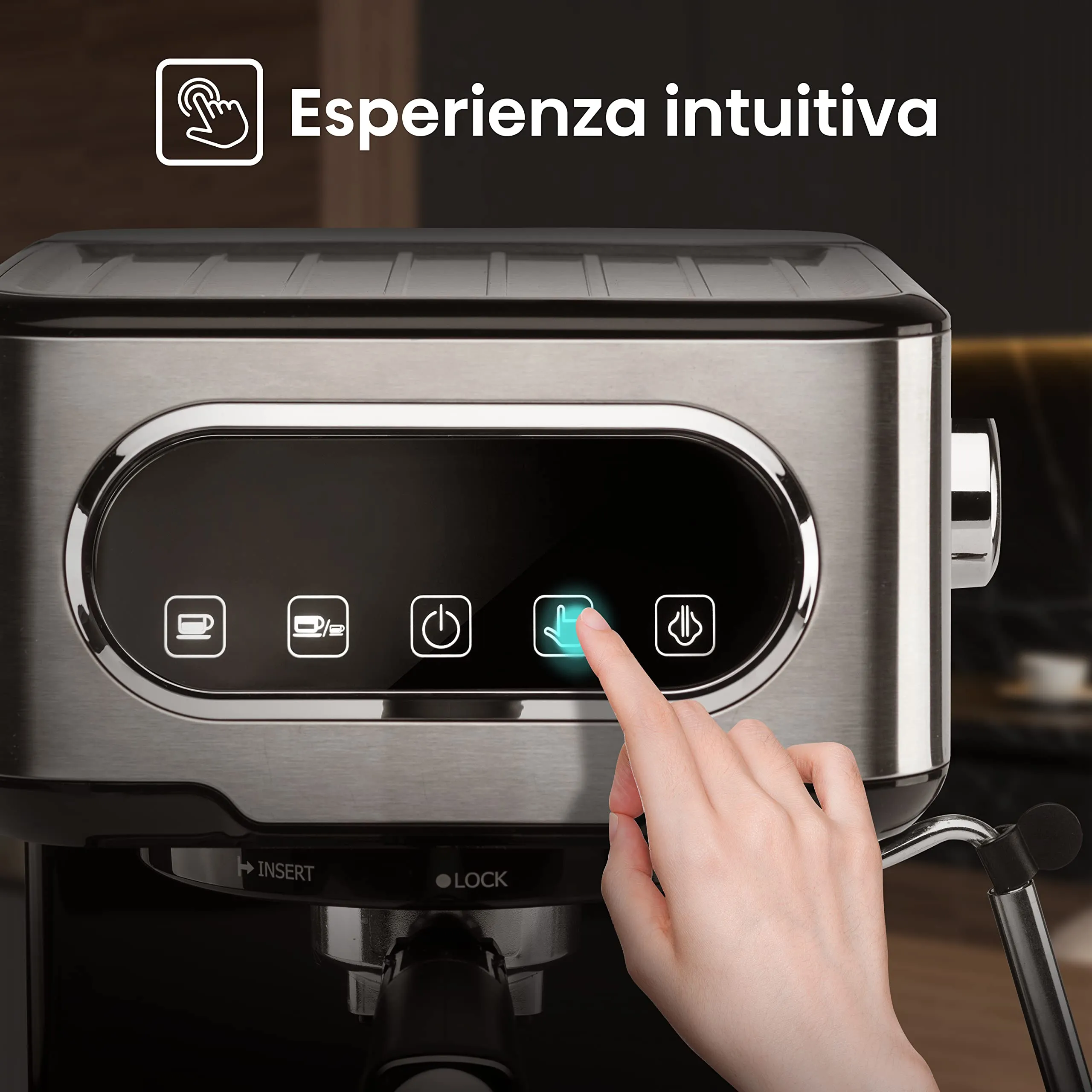Hisense, HESCM15DBK, Macchina da caffè espresso manuale, macinato e compatibile con cialde ESE 44 mm, Pressione 15 bar, Schermo Touch, 1100W, Silver, 27.4x30x27.2 cm - immagine 4