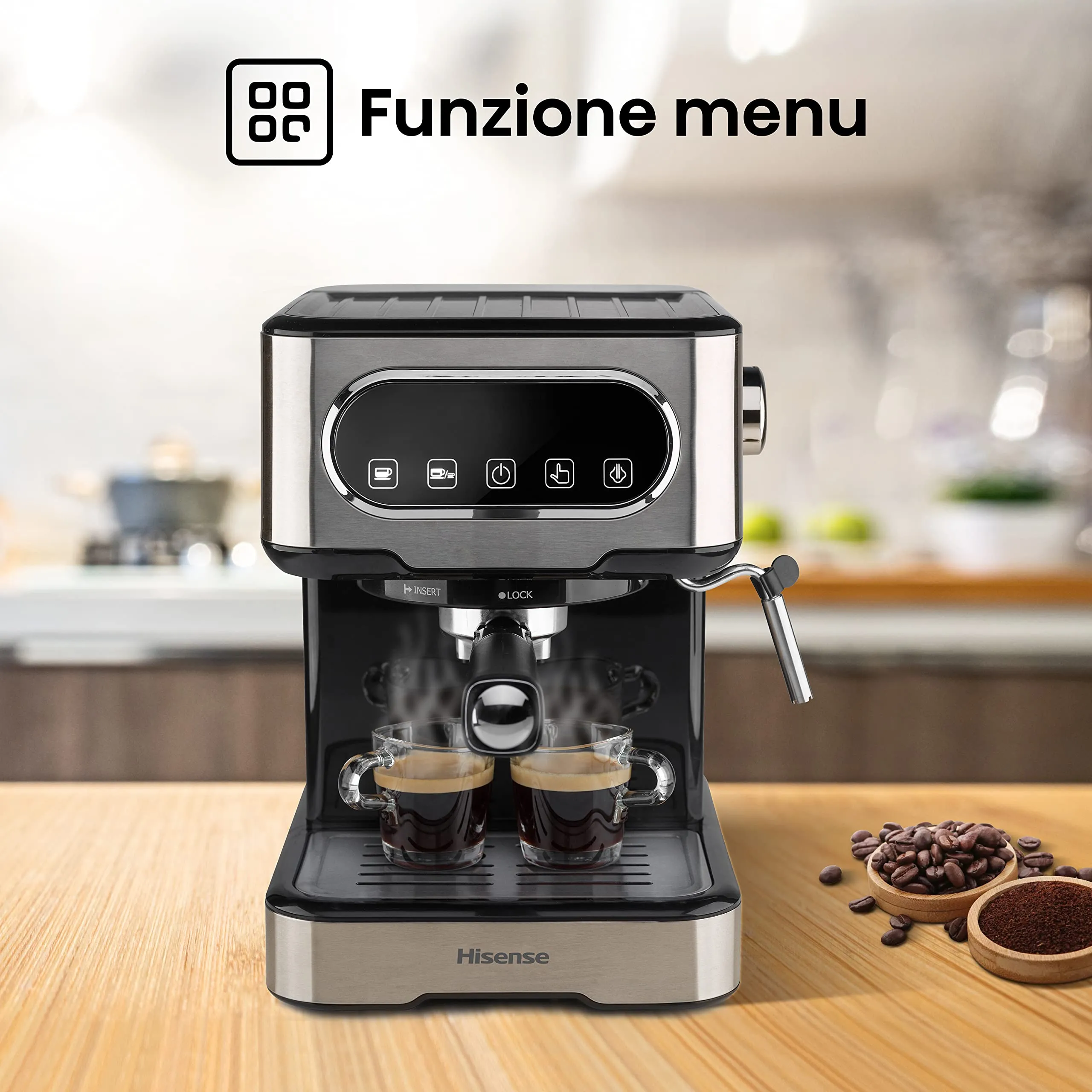 Hisense, HESCM15DBK, Macchina da caffè espresso manuale, macinato e compatibile con cialde ESE 44 mm, Pressione 15 bar, Schermo Touch, 1100W, Silver, 27.4x30x27.2 cm - immagine 5