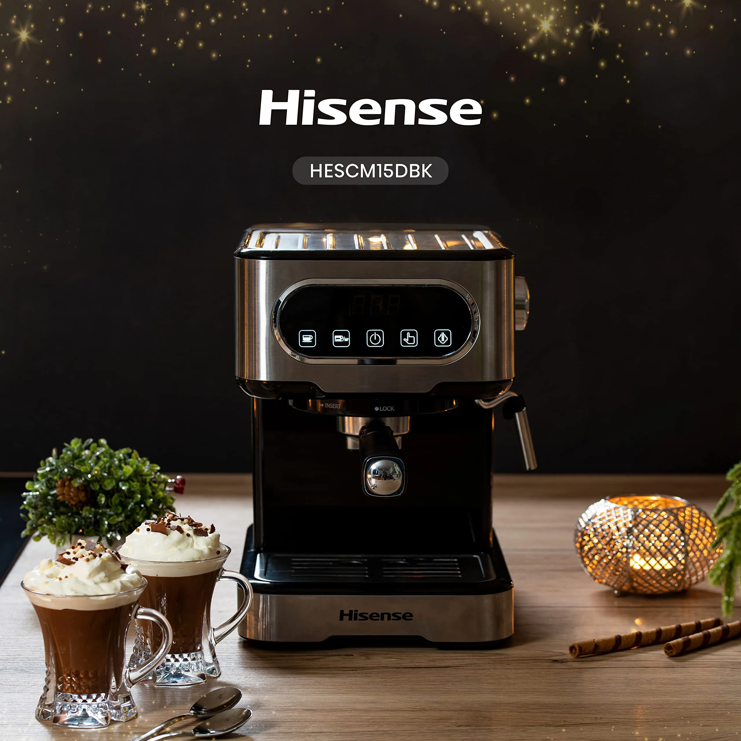 Hisense, HESCM15DBK, Macchina da caffè espresso manuale, macinato e compatibile con cialde ESE 44 mm, Pressione 15 bar, Schermo Touch, 1100W, Silver, 27.4x30x27.2 cm - immagine 7