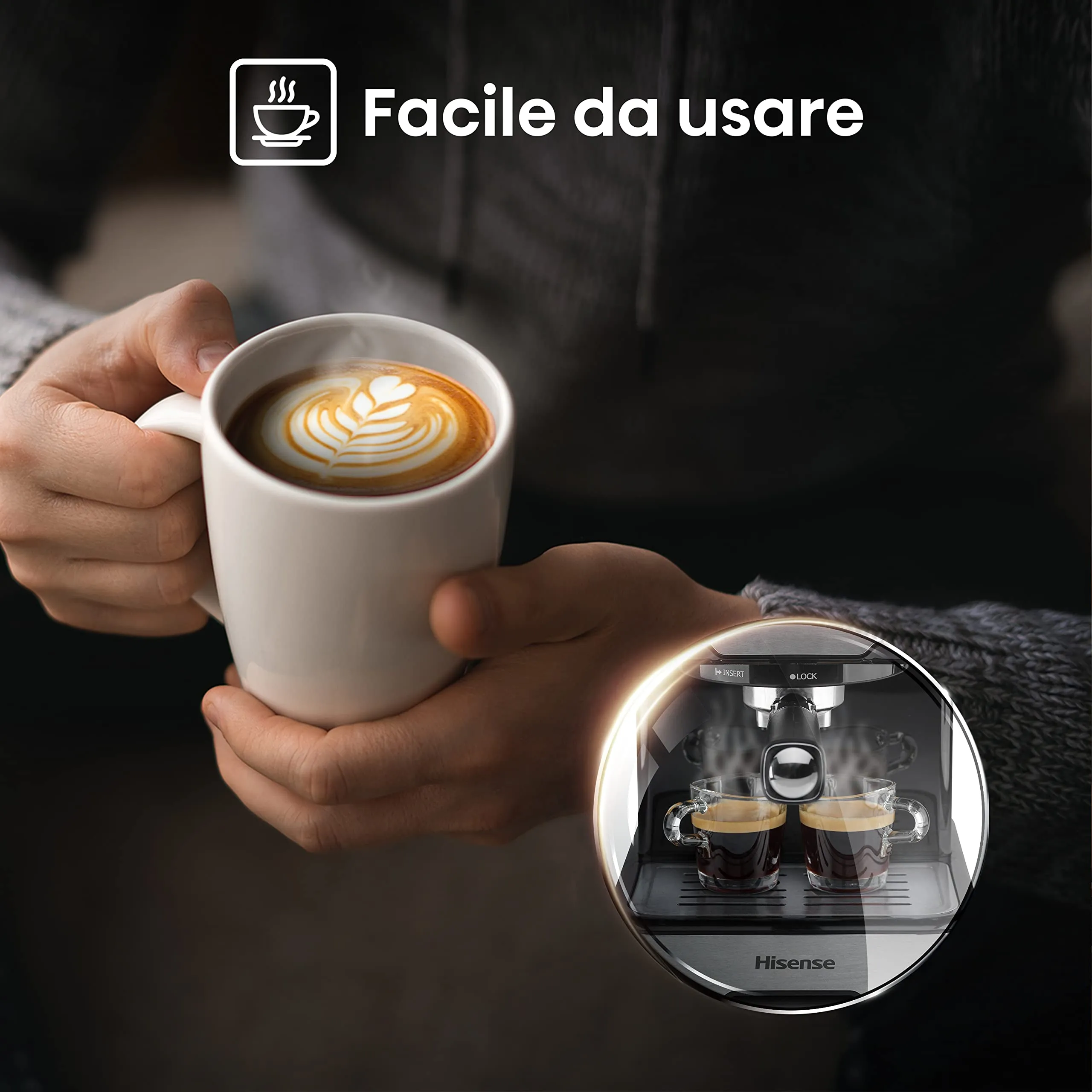 Hisense, HESCM15DBK, Macchina da caffè espresso manuale, macinato e compatibile con cialde ESE 44 mm, Pressione 15 bar, Schermo Touch, 1100W, Silver, 27.4x30x27.2 cm - immagine 8