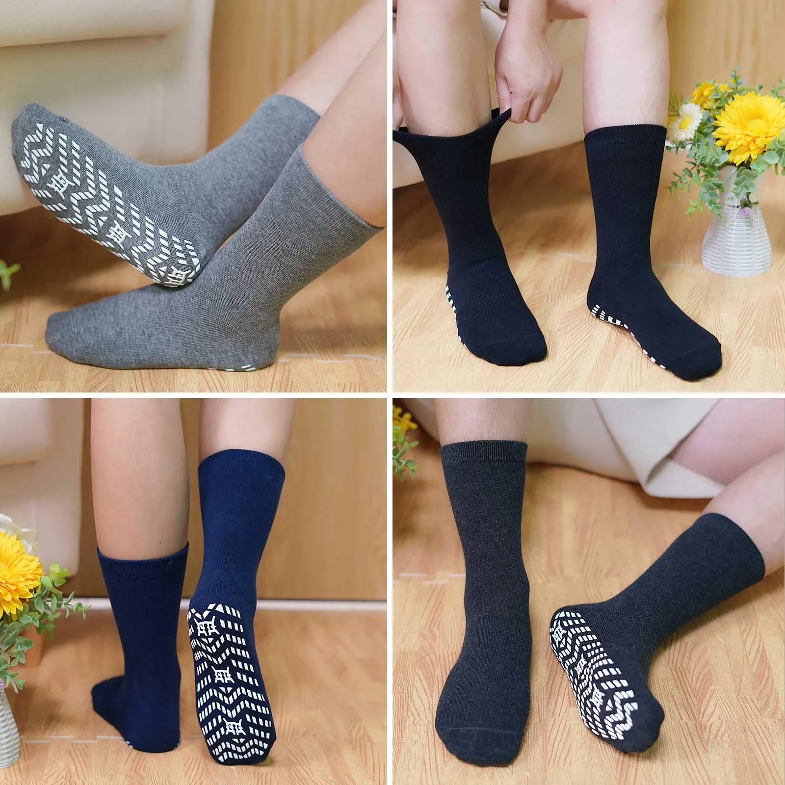 PUTUO Uomo Calze Antiscivolo in Cotone: Calzini Antiscivolo Sportivi Traspiranti con Grip in Gomma per Ciclismo Trekking Yoga e Pilates 43-46 4 Paia - immagine 2