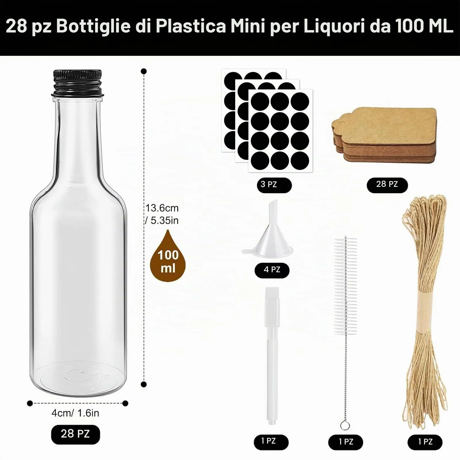 Furuising 28 Pezzi Mini Bottiglie Alcolici di Plastica, 100ml Bottiglie di Liquore, Riutilizzabili Mini Bottiglie Liquori con Imbuto, Penna bianca, Cartellini per Matrimoni Feste - immagine 2