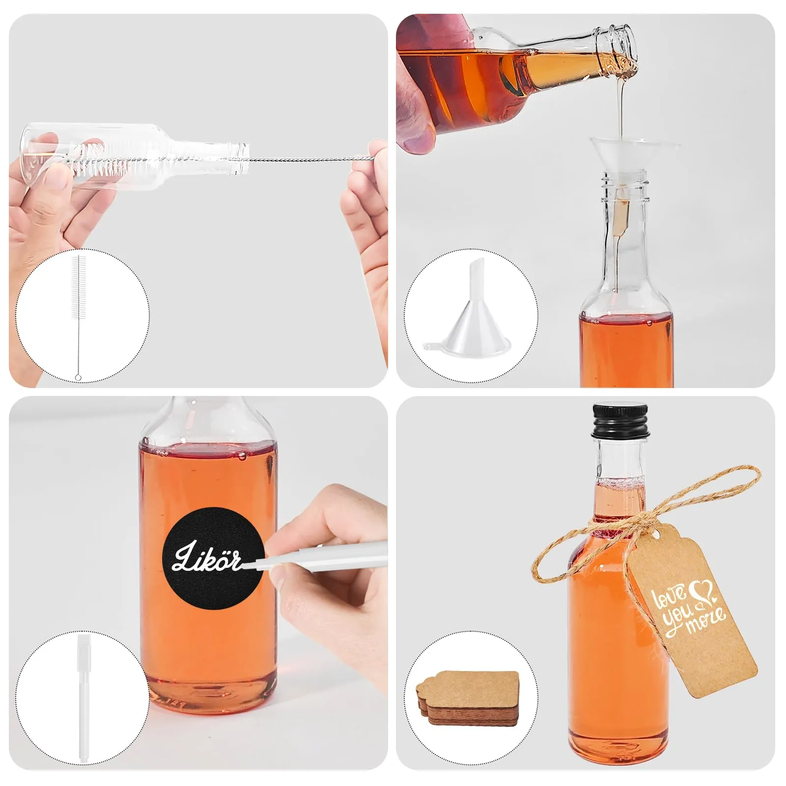 Furuising 28 Pezzi Mini Bottiglie Alcolici di Plastica, 100ml Bottiglie di Liquore, Riutilizzabili Mini Bottiglie Liquori con Imbuto, Penna bianca, Cartellini per Matrimoni Feste - immagine 4