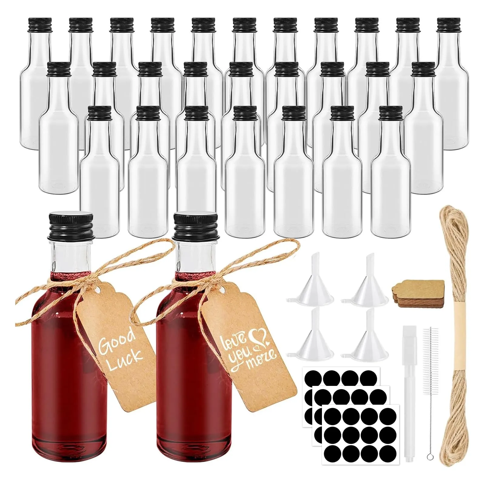 Furuising 28 Pezzi Mini Bottiglie Alcolici di Plastica, 50ml Bottiglie di Liquore, Riutilizzabili Mini Bottiglie Liquori con Imbuto, Penna bianca, Cartellini per Matrimoni Feste - immagine 1