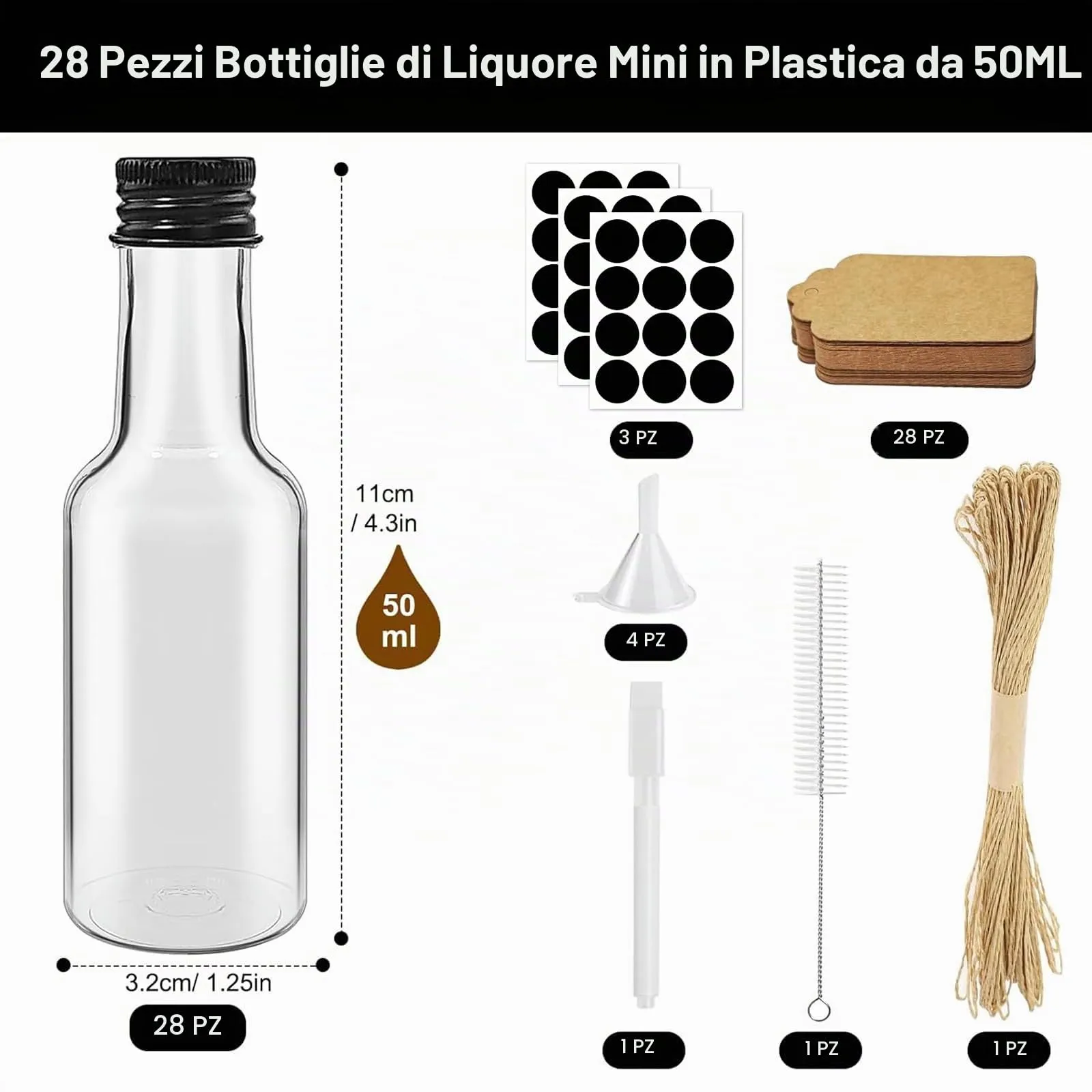 Furuising 28 Pezzi Mini Bottiglie Alcolici di Plastica, 50ml Bottiglie di Liquore, Riutilizzabili Mini Bottiglie Liquori con Imbuto, Penna bianca, Cartellini per Matrimoni Feste - immagine 2