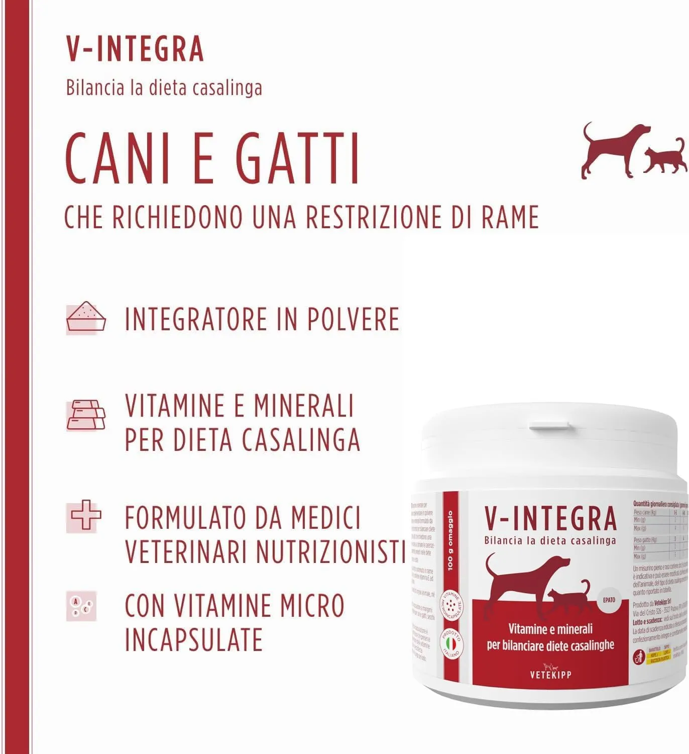 V-INTEGRA Epato 500g, Integratore Vitamine e Minerali per Bilanciare Diete Casalinghe di Cani e Gatti che Richiedono una Restrizione di Rame, Multivitaminico Cane e Gatto Made in Italy - immagine 2