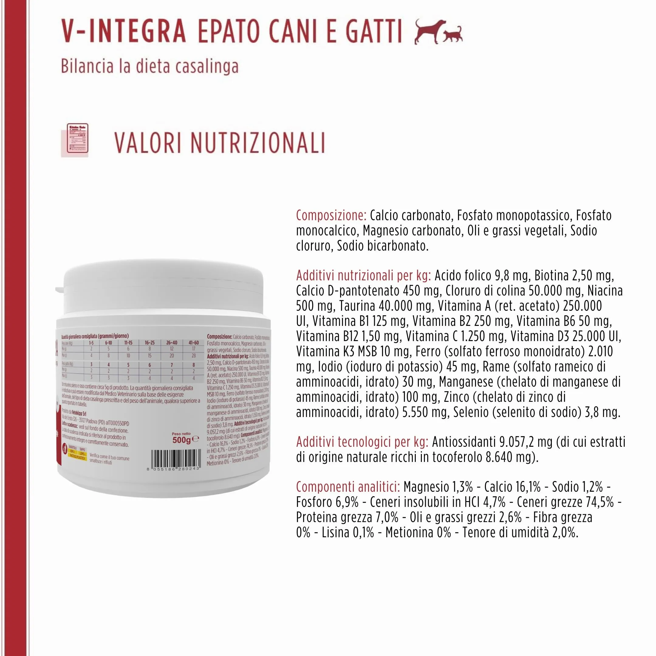 V-INTEGRA Epato 500g, Integratore Vitamine e Minerali per Bilanciare Diete Casalinghe di Cani e Gatti che Richiedono una Restrizione di Rame, Multivitaminico Cane e Gatto Made in Italy - immagine 7