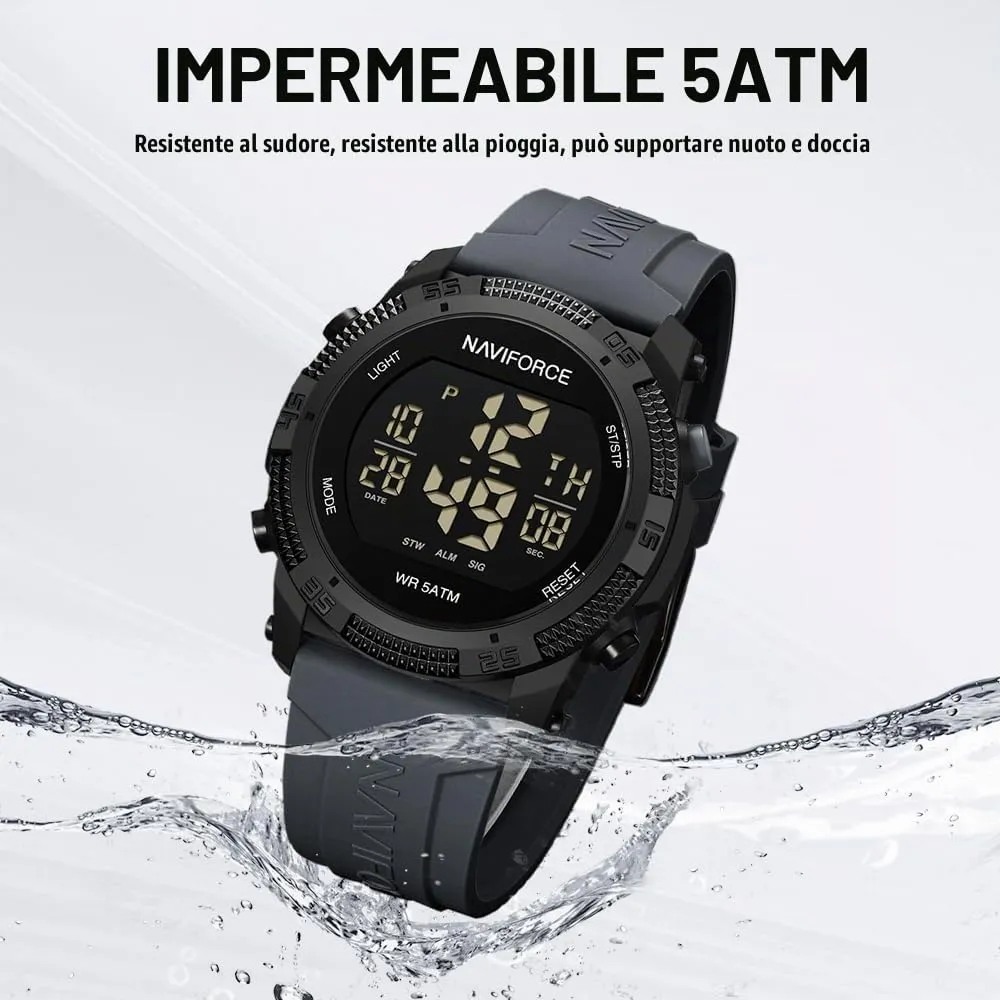 Naviforce Orologio digitale sportivo impermeabile da uomo con cronometro, allarme, cinturino in gomma, orologio da polso per donna - immagine 2