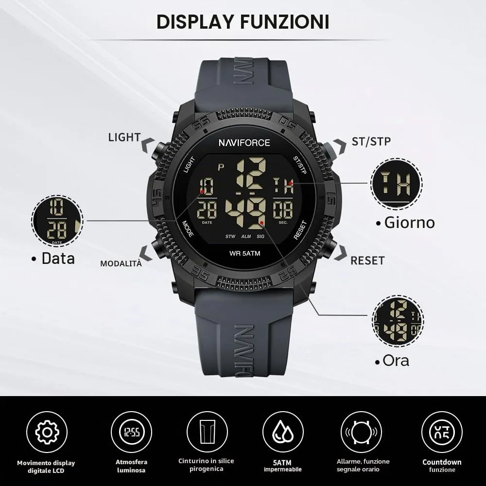 Naviforce Orologio digitale sportivo impermeabile da uomo con cronometro, allarme, cinturino in gomma, orologio da polso per donna - immagine 4
