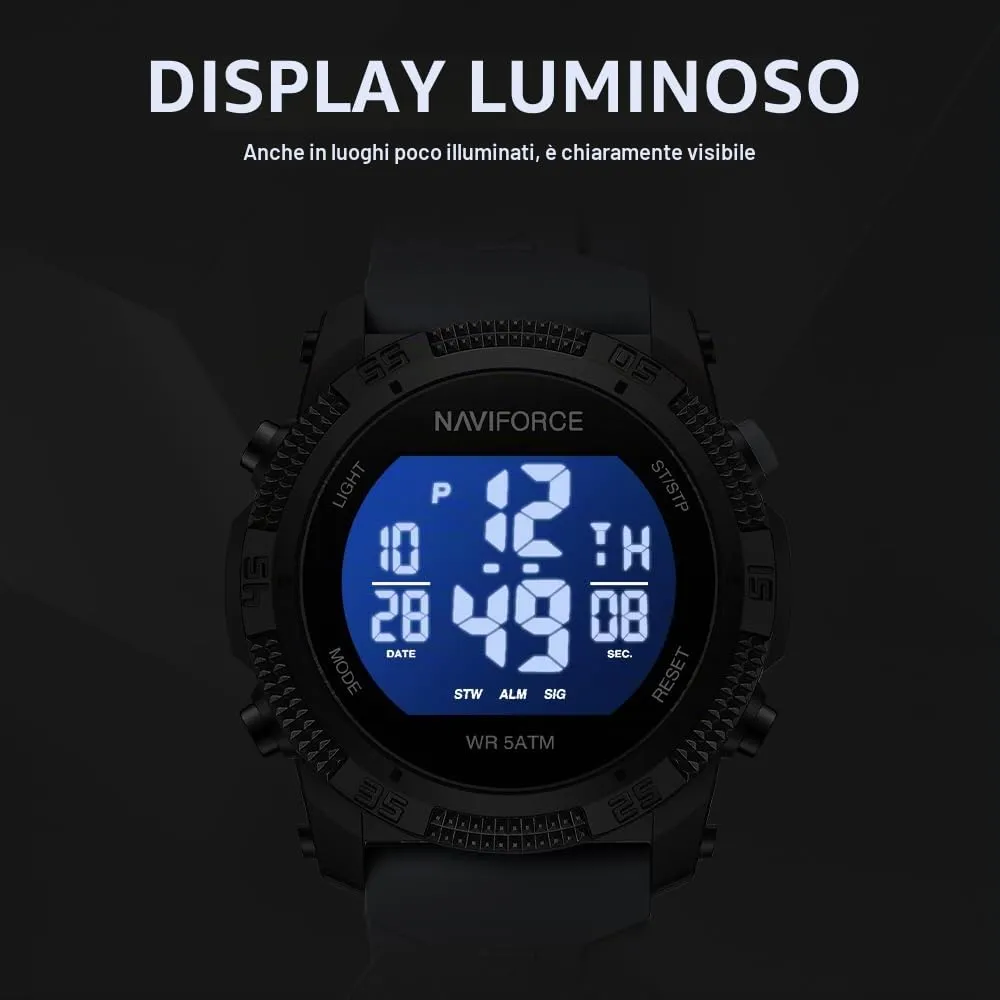 Naviforce Orologio digitale sportivo impermeabile da uomo con cronometro, allarme, cinturino in gomma, orologio da polso per donna - immagine 5